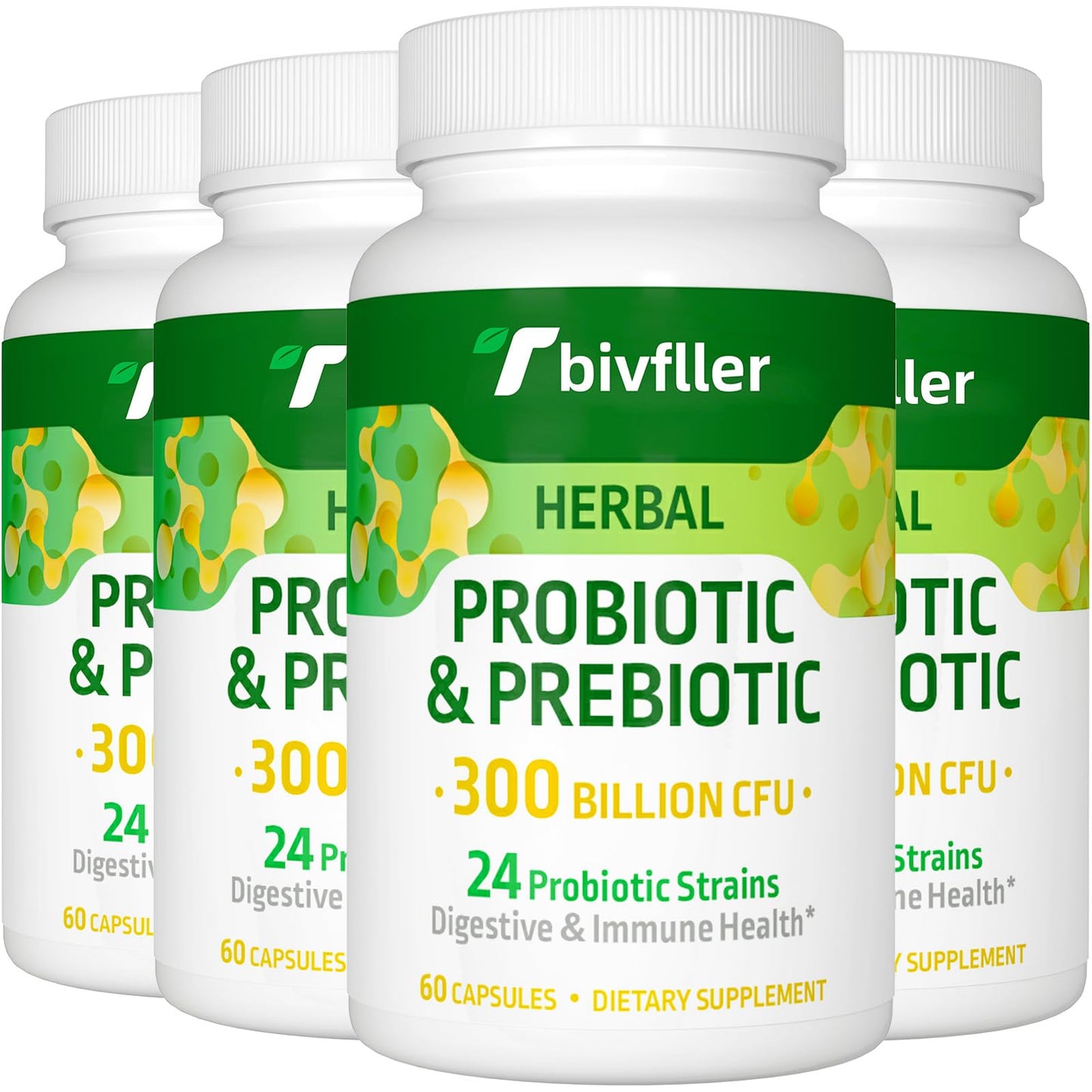 Tbivfller Probiotics for Women & Men 300 Billion CFU, 24 Strains and 15 Organic Herbs Prebiotics Blend, Digestive Health & Immune Support Capsules, 240 Count