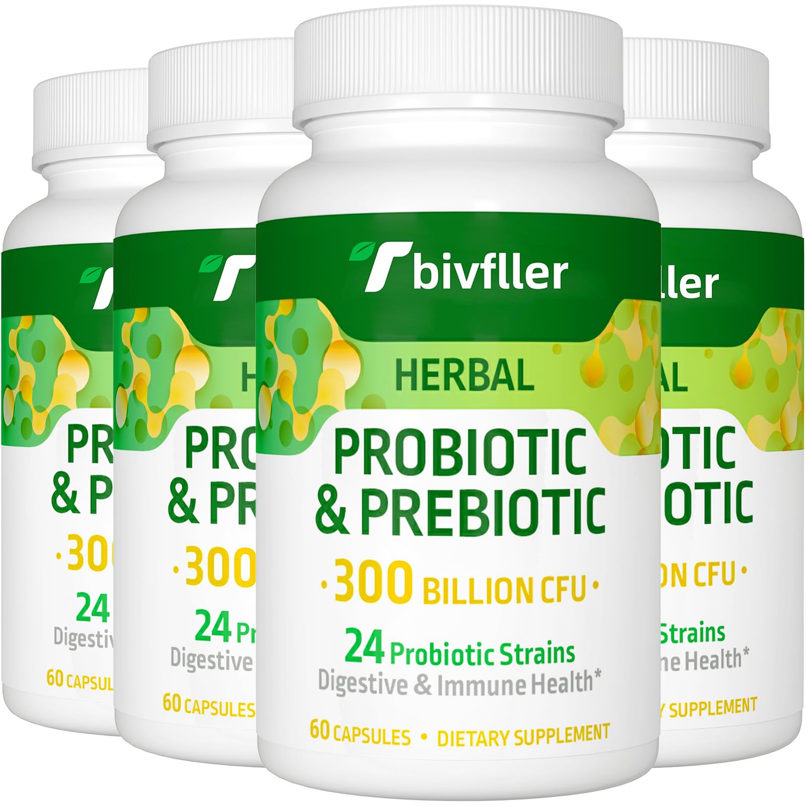 Tbivfller Probiotics for Women & Men 300 Billion CFU, 24 Strains and 15 Organic Herbs Prebiotics Blend, Digestive Health & Immune Support Capsules, 240 Count