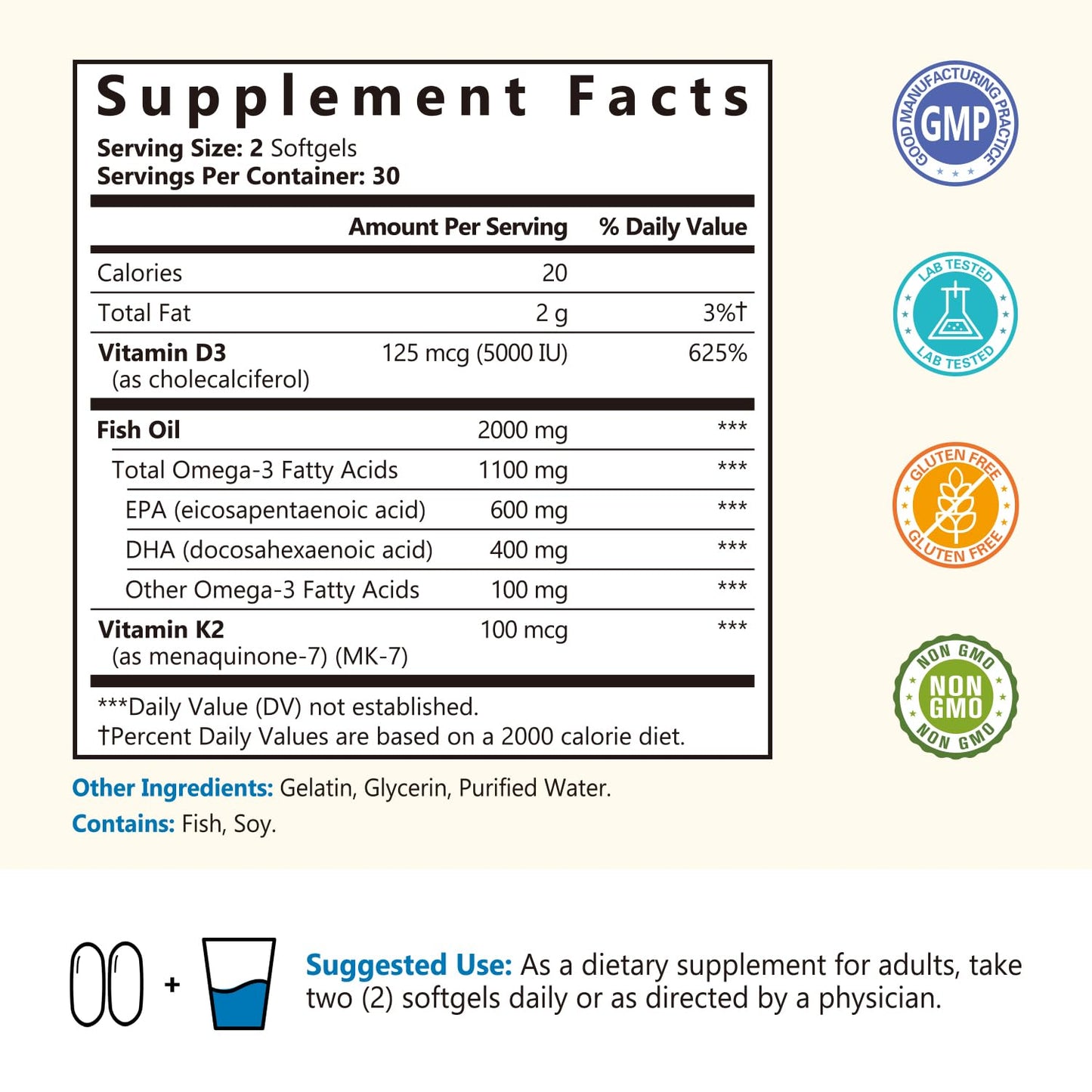 NatureMyst Omega-3 Fish Oil 2000 mg, Vitamin D3 K2 (MK-7), 600 mg EPA, 400 mg DHA Softgels, 60 Count