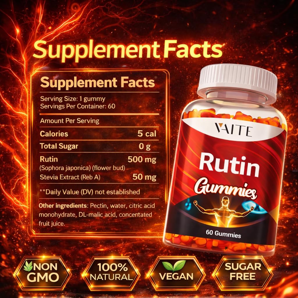 VAITE Rutin Supplement 500mg - Sophora Japonica Extract with Bioflavonoids - Antioxidant & Wellness Chewables for Daily Use - Plant-Based Flavonoid Complex - Supports General Well-Being - 60 Vegan Gummies