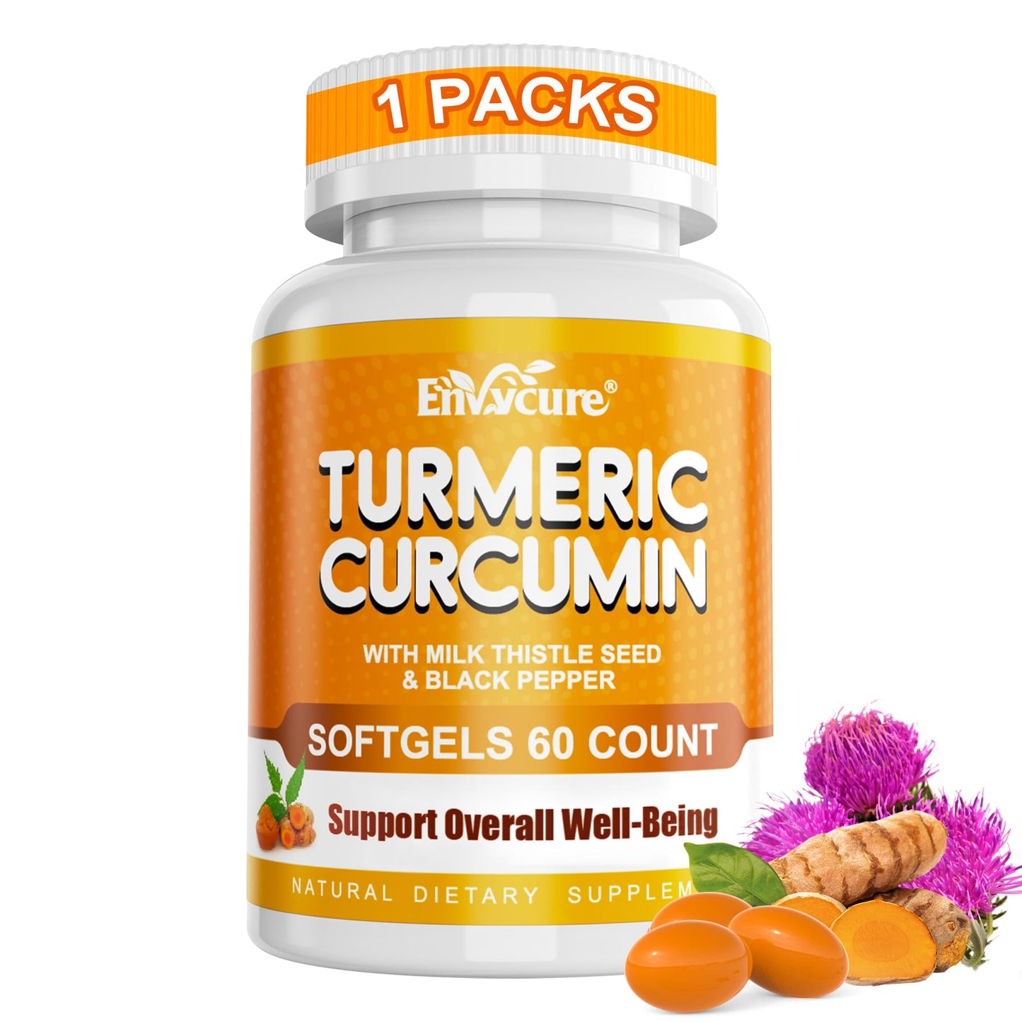 EnvyCure Turmeric Curcumin Supplement with Ginger & Black Pepper Organic 5-in-1 Curcuma Softgels with Milk Thistle 2000mg Turmeric Camplex with 95% Curcuminoids for Immune, Liver & Energy Support Softgel 60 Count