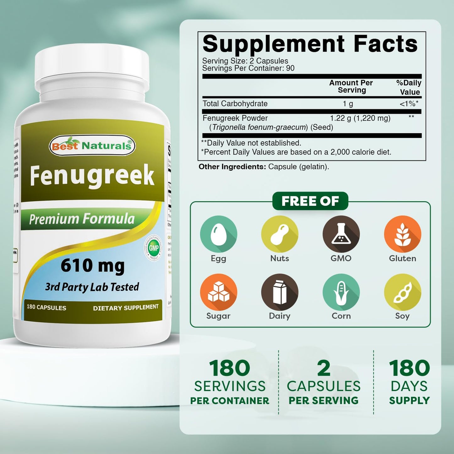 Best Naturals Fenugreek Seed 610 mg Capsules, 180 Count