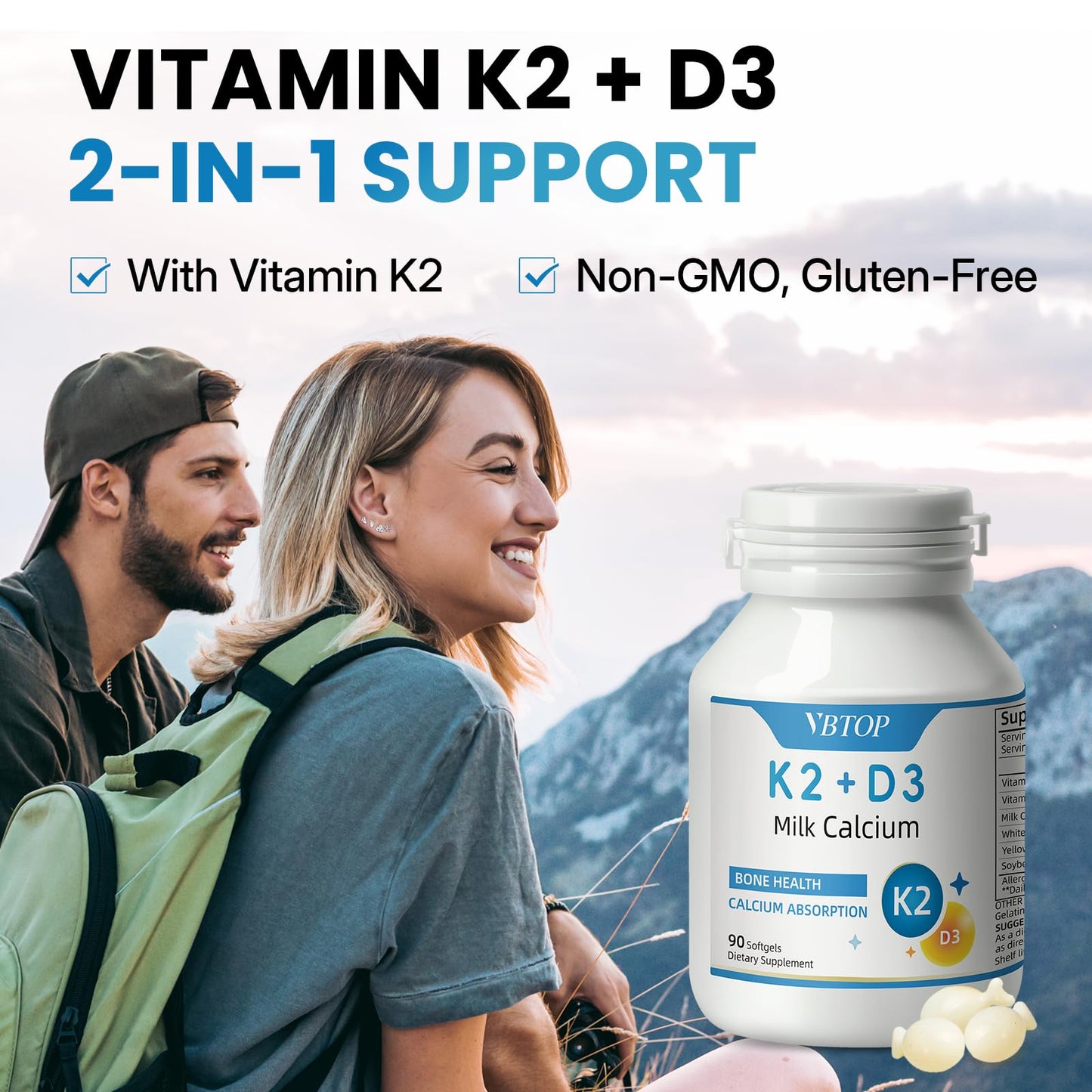 VBTOP Calcium Supplement 800mg with Vitamin D3 1000 IU & K2 45mcg Softgels, 180 Count