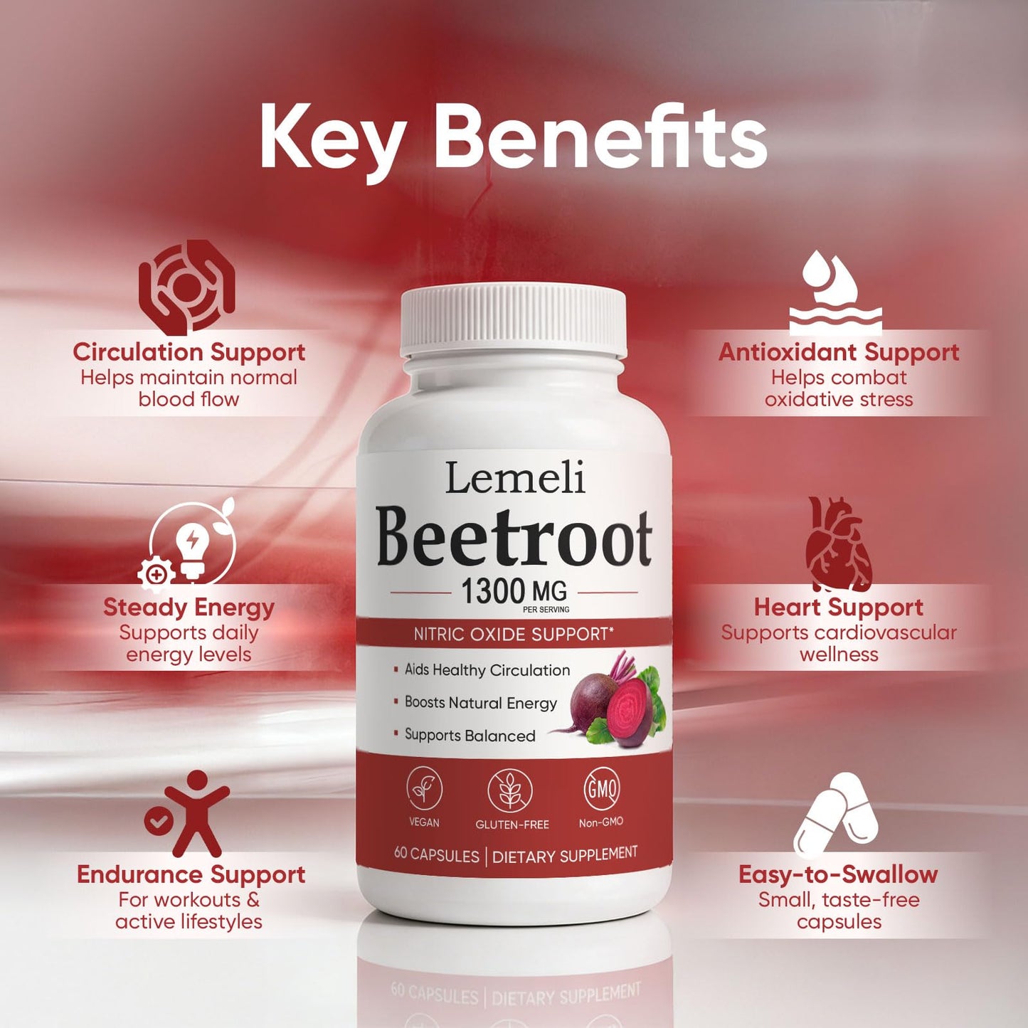 Kunnozz Lemeli Beetroot Capsules 1300 mg Beet Root Powder Blend Per Serving, Vegan Non-GMO Gluten Free, 60 Capsules