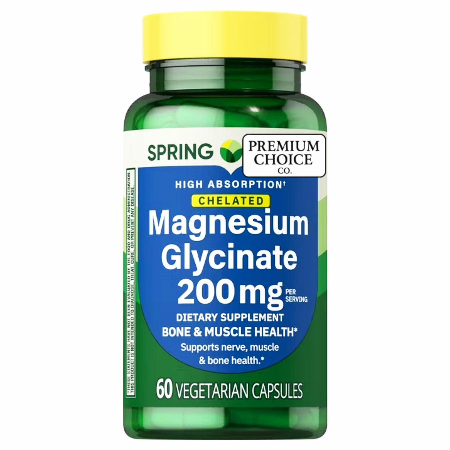 Premium Choice Co Magnesium Glycinate 200 mg Capsules, 60 Count