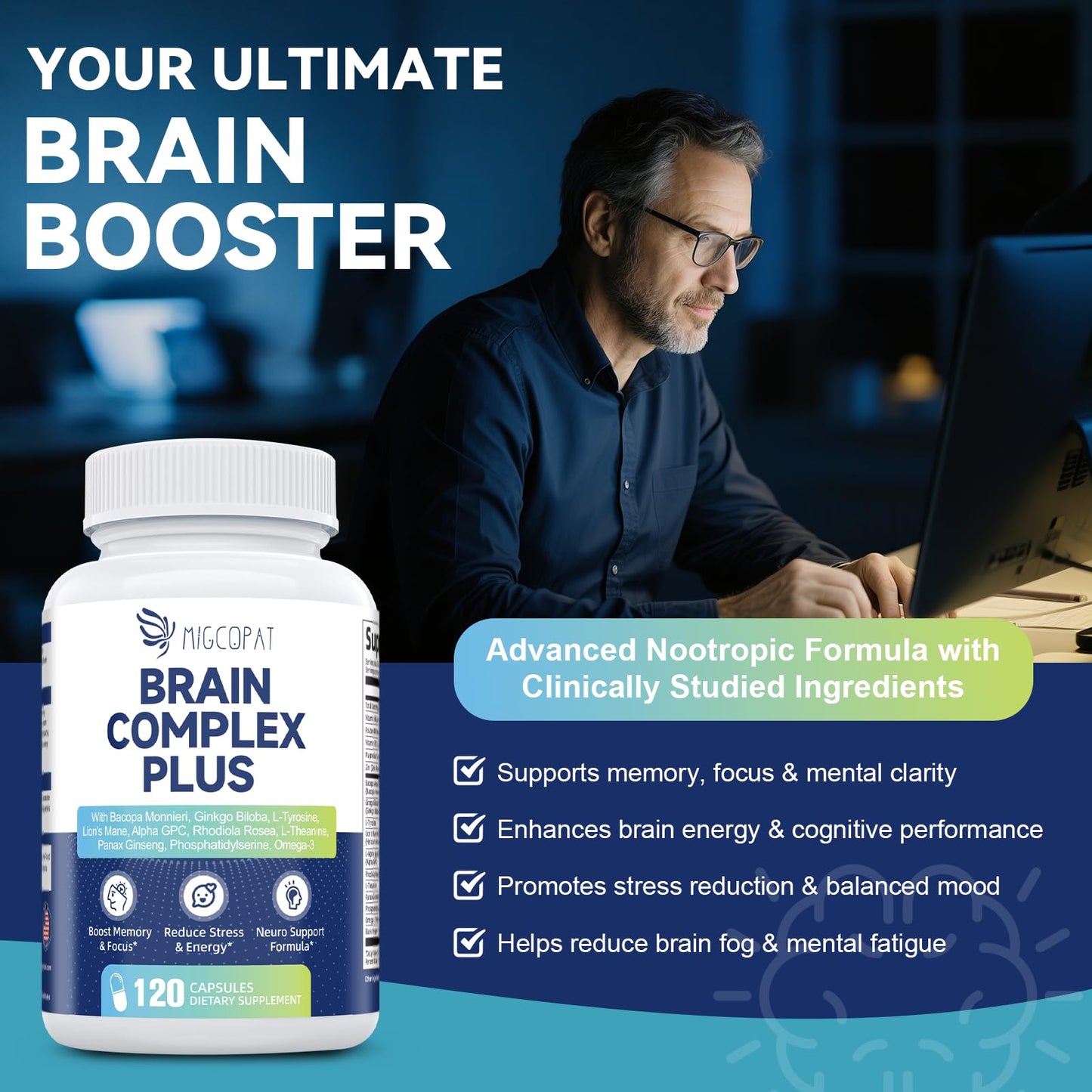Migcopat Brain Supplements for Memory & Focus Nootropic with Bacopa, Lion's Mane, Alpha GPC, Vitamin B6 & B12, 240 Capsules