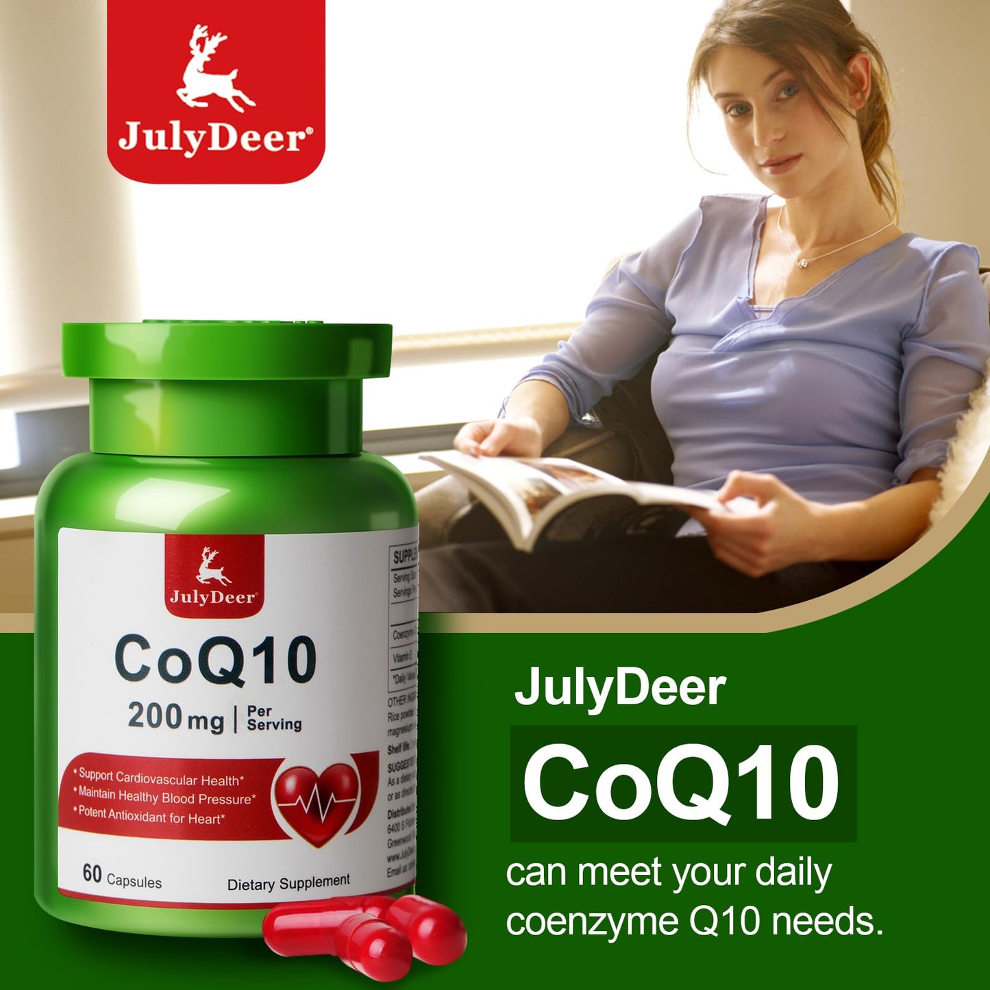 JulyDeer CoQ10 200mg with Vitamin E 20mg Capsules, 120 Count
