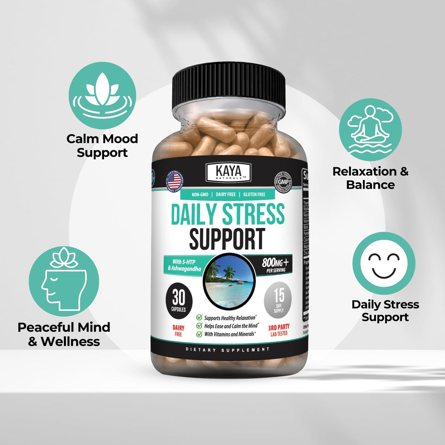 Kaya Naturals Herbal Stress Relief Support Vitamin Supplement Capsule, 30 Capsules