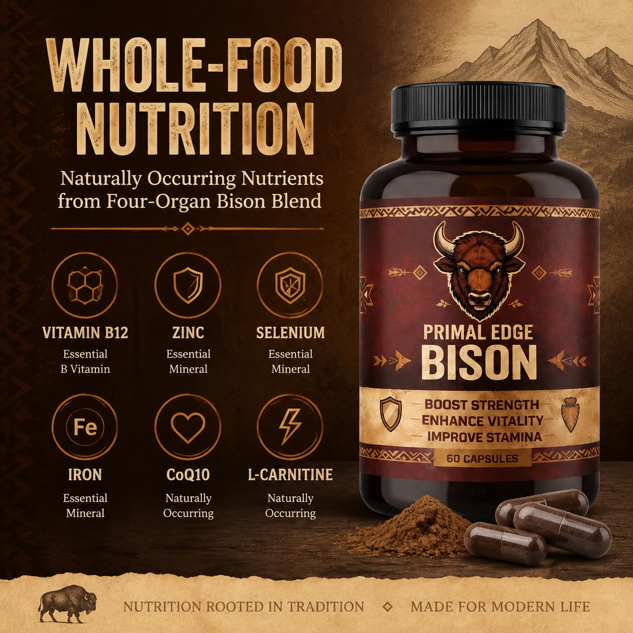 Kymezol Primal Edge Bison Grass-Fed American Bison Organ Supplement Capsule, 60 Capsules