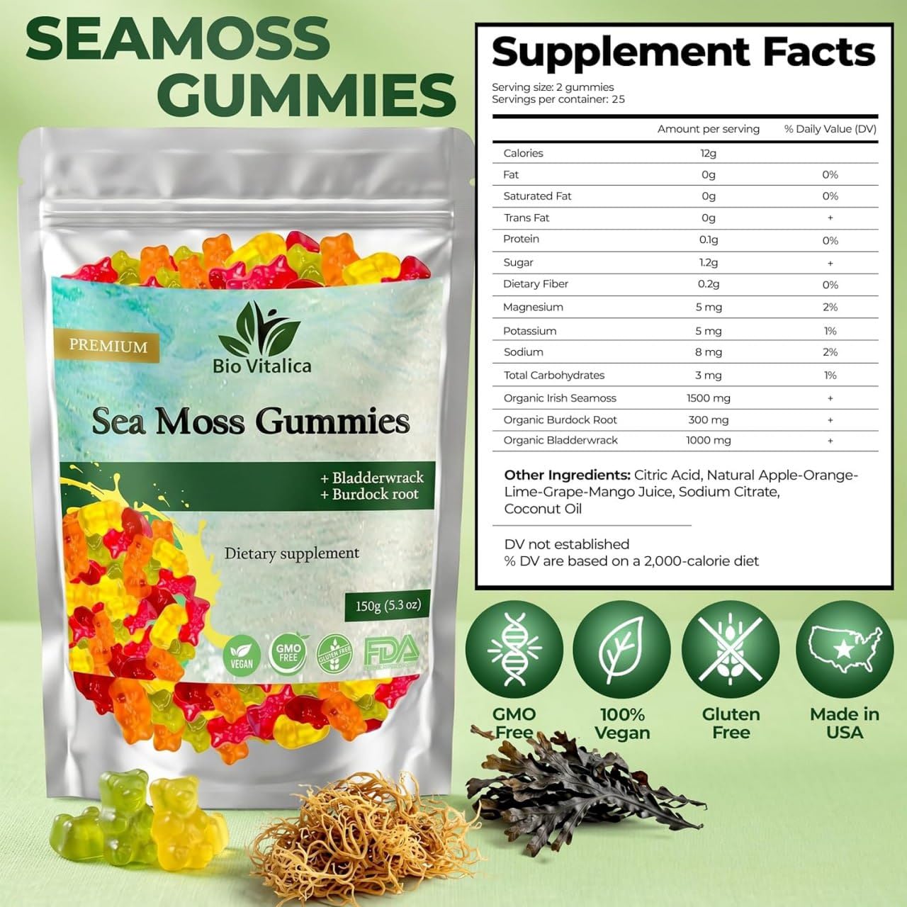 BIO VITALICA Sea Moss Gummies with Bladderwrack & Burdock Root Chewable, 150 Count