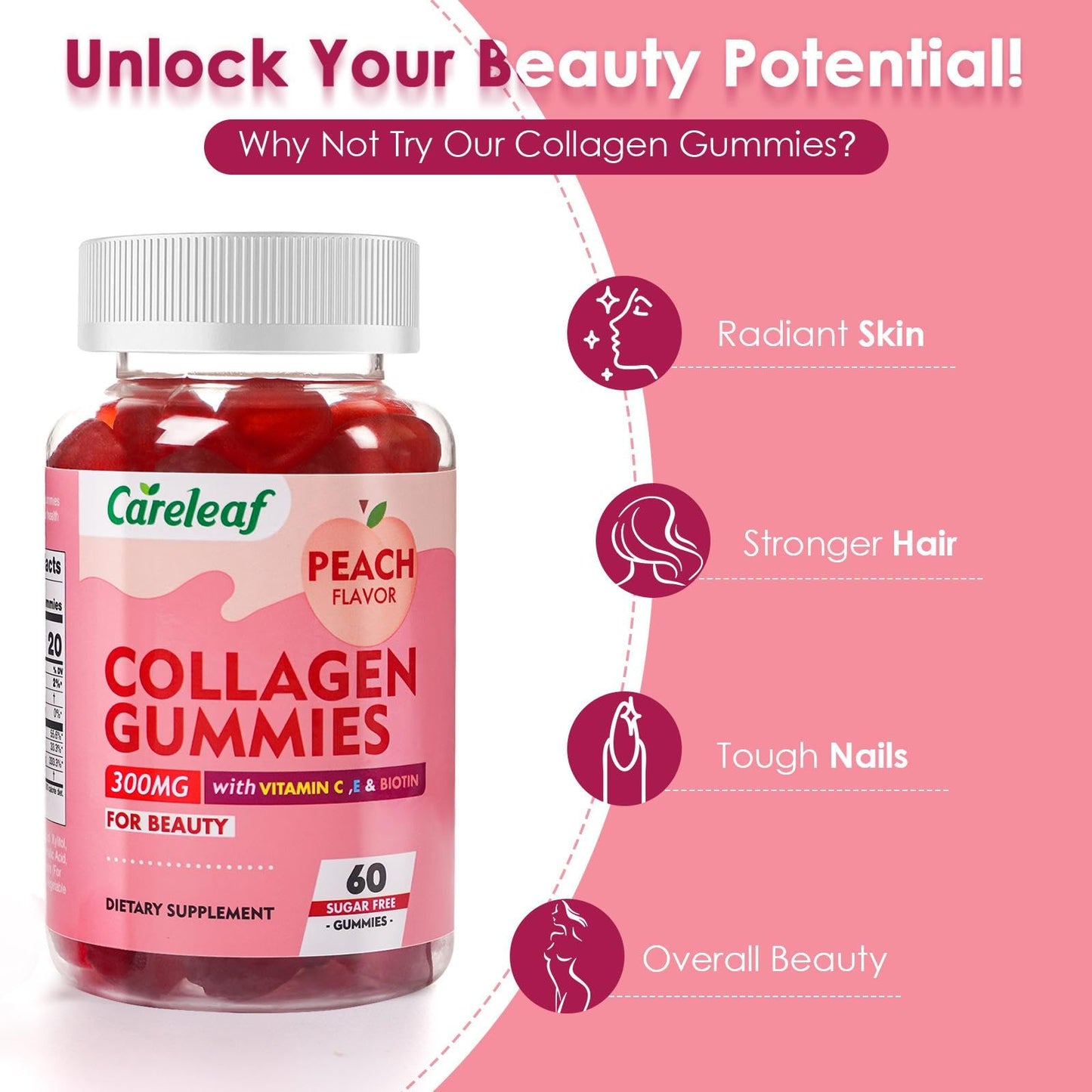 careleaf Sugar Free Collagen Gummies with Vitamin C, Vitamin E and Biotin, Natural Hydrolyzed Collagen 300mg, Peach Flavor, 60 Gummies