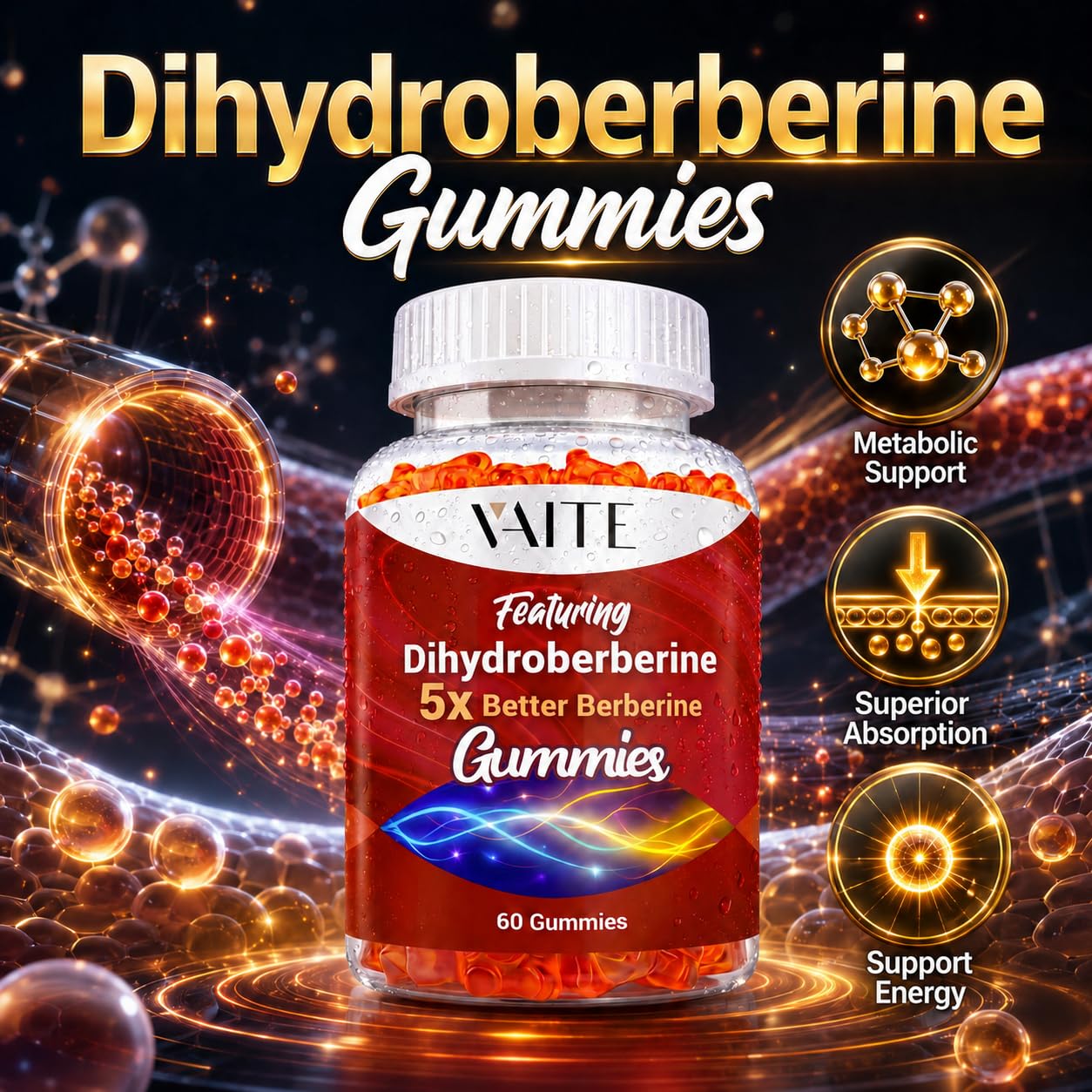 VAITE Dihydroberberine 5X Better Berberine HCl – 7-in-1 Advanced Complex for Enhanced Absorption Chewable Gummies, 60 Count