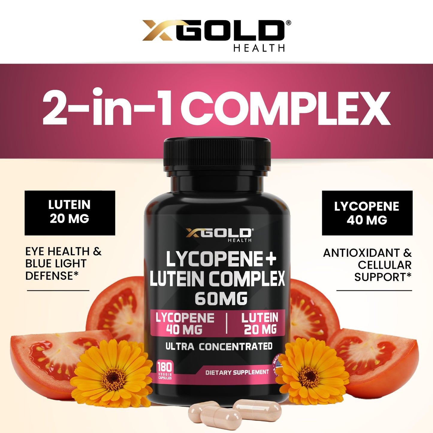 X Gold Health Lycopene 5% + Lutein Supplement 60mg Capsules, 180 Capsules