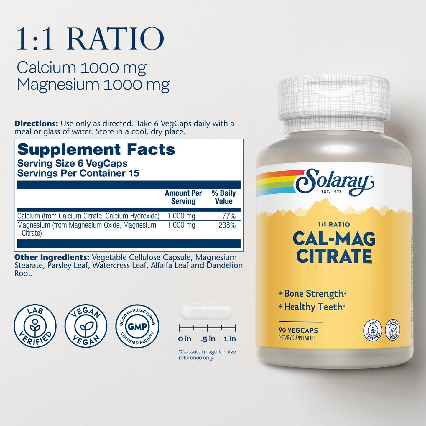 Solaray Calcium Magnesium Citrate 1000mg 1:1 Capsule, 90 VegCaps