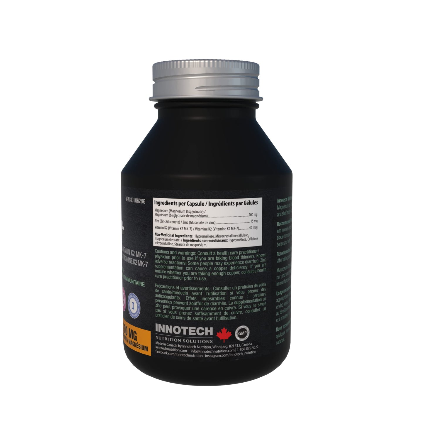 Innotech Nutrition Solutions Magnesium Bisglycinate with Zinc Gluconate & Vitamin K2 MK-7 Capsules, 120 Capsules
