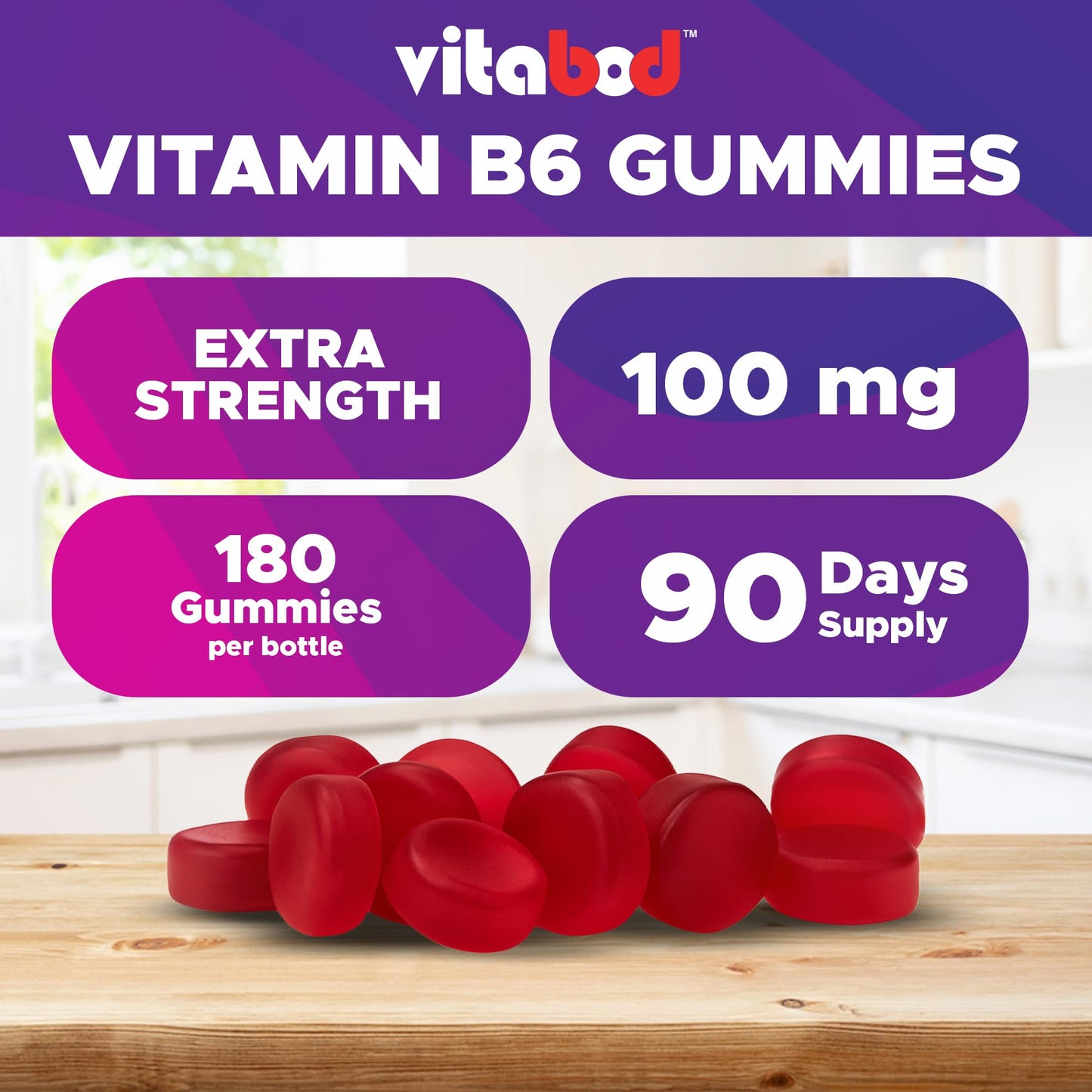 Vitabod Extra Strength Vitamin B6 Gummies 100mg, 180 Count