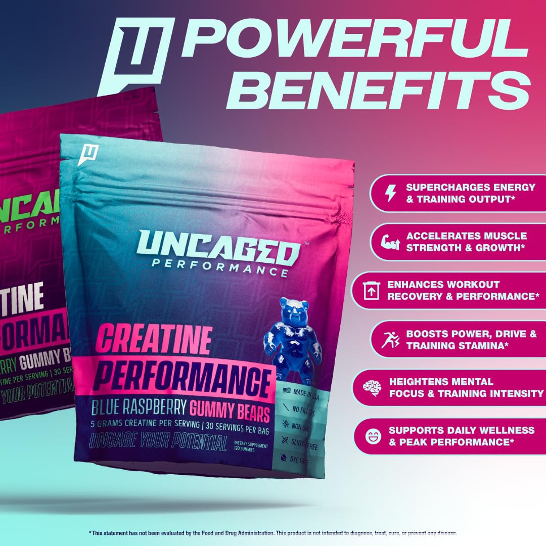Uncaged Performance Creatine Monohydrate Gummies 5g with Prebiotic Fiber, 120 Count