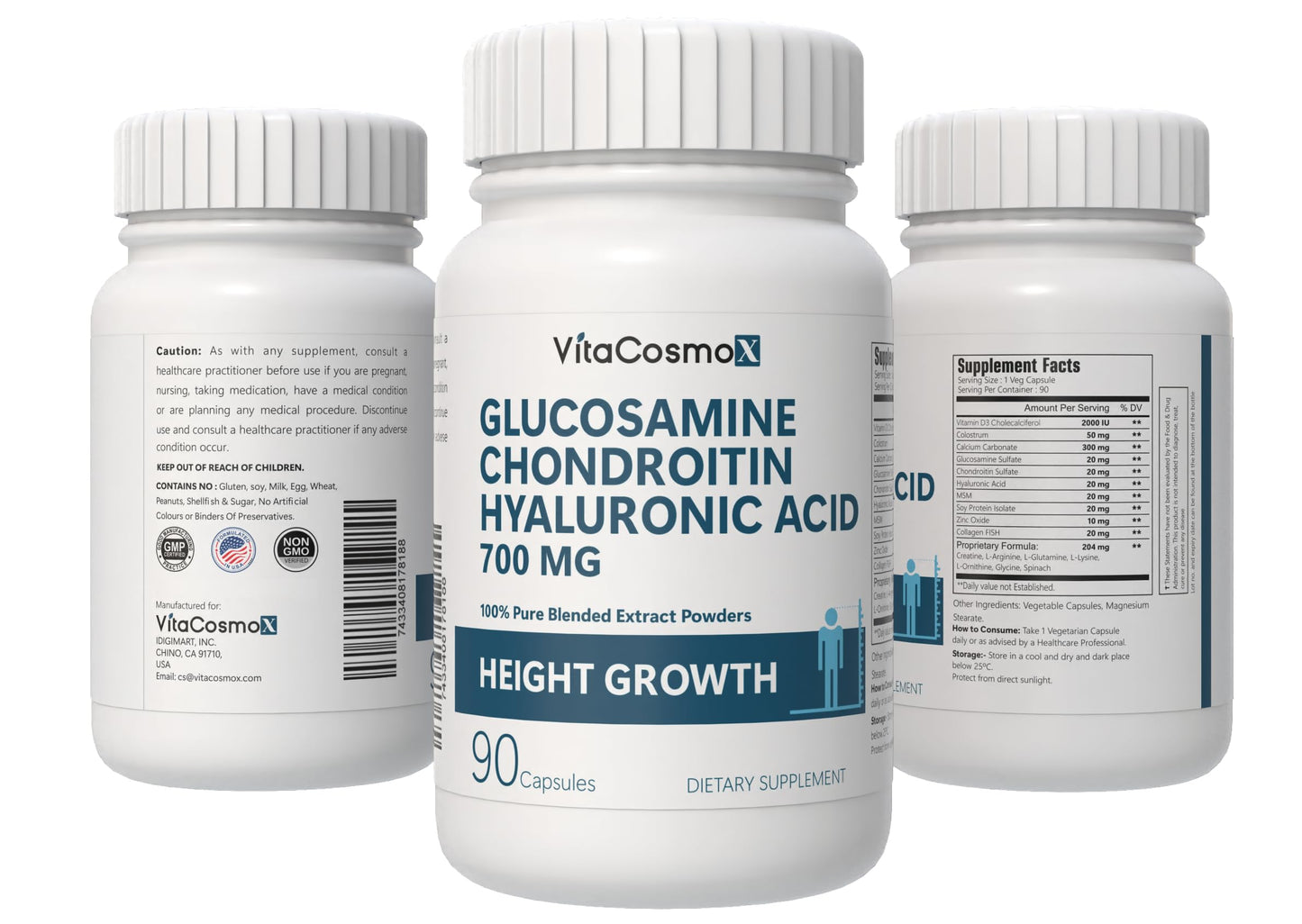 VitaCosmoX Glucosamine Chondroitin Complex Vegetarian Capsules, 90 Count, Joint Support Supplement with MSM & Hyaluronic Acid, Non-GMO, Gluten Free