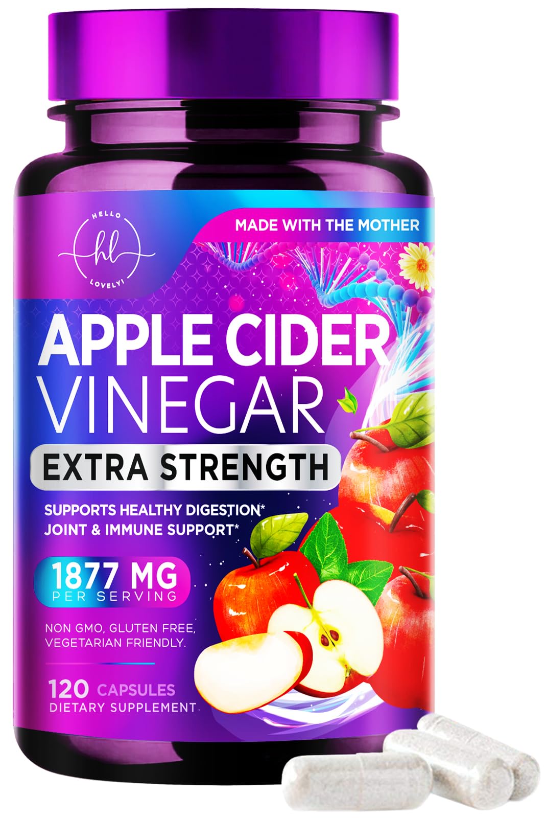 Hello Lovely! Apple Cider Vinegar 1877mg Per Serving Extra Strength ACV Capsules with Vitamin D3, Non-GMO, Sourced from The Mother, 120 Capsules