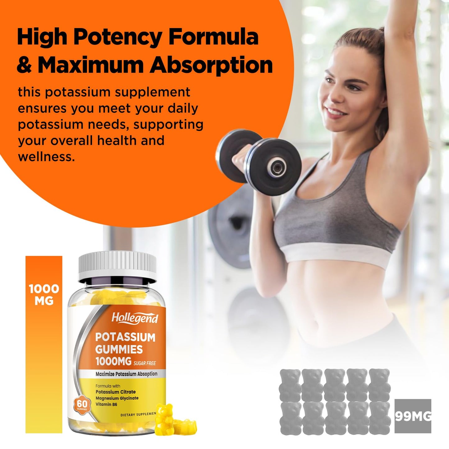HOLLEGEND Potassium Gummies 1000mg, Maximize Absoption Blend with Vitamin B6 Magnesium, Potassium Citrate Supplement for Adults, Sugar Free, 60 Count