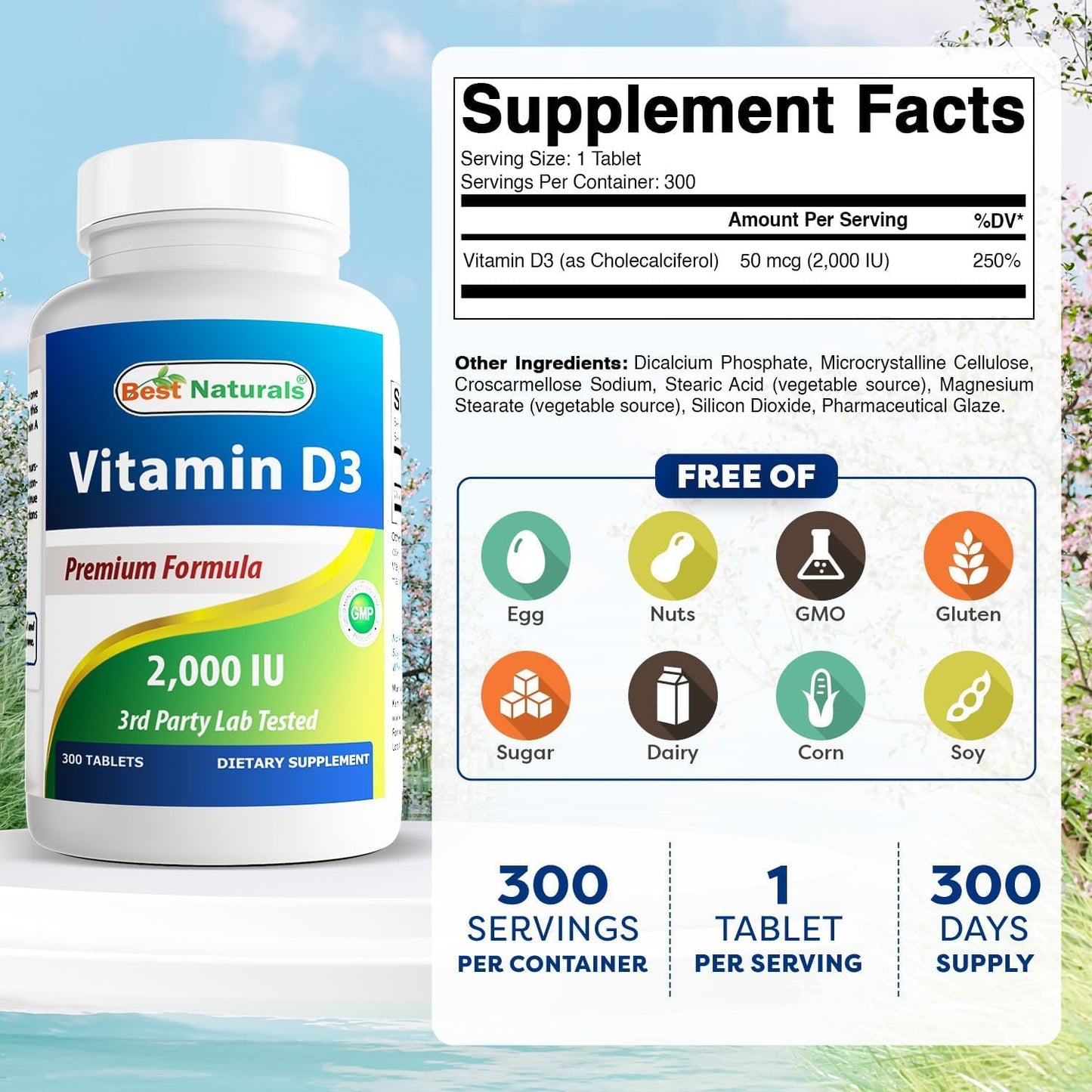 Best Naturals Vitamin D3 2000 IU, 300 Tablets