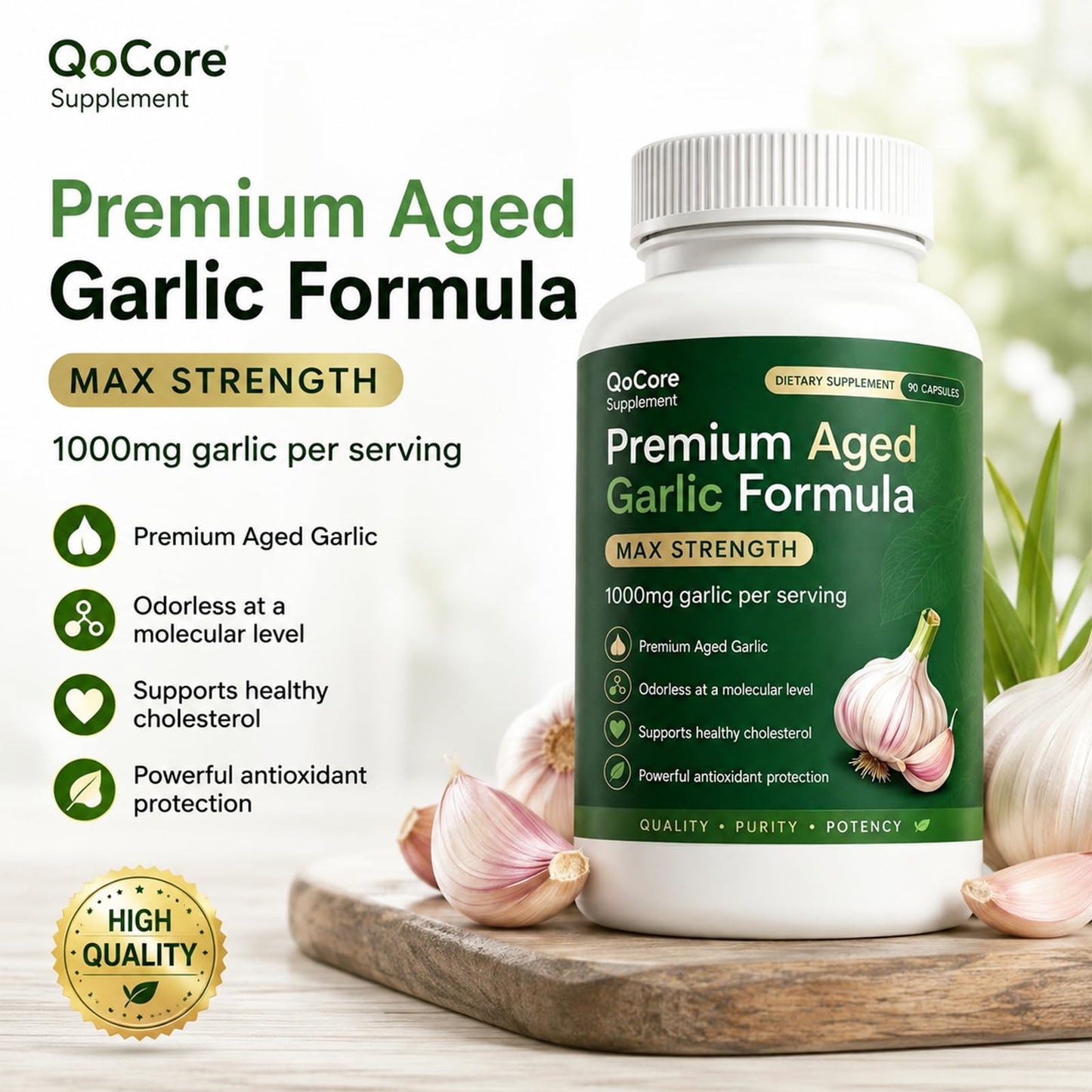 QoCore Supplement Premium Aged Black Garlic 1000mg Capsules 90