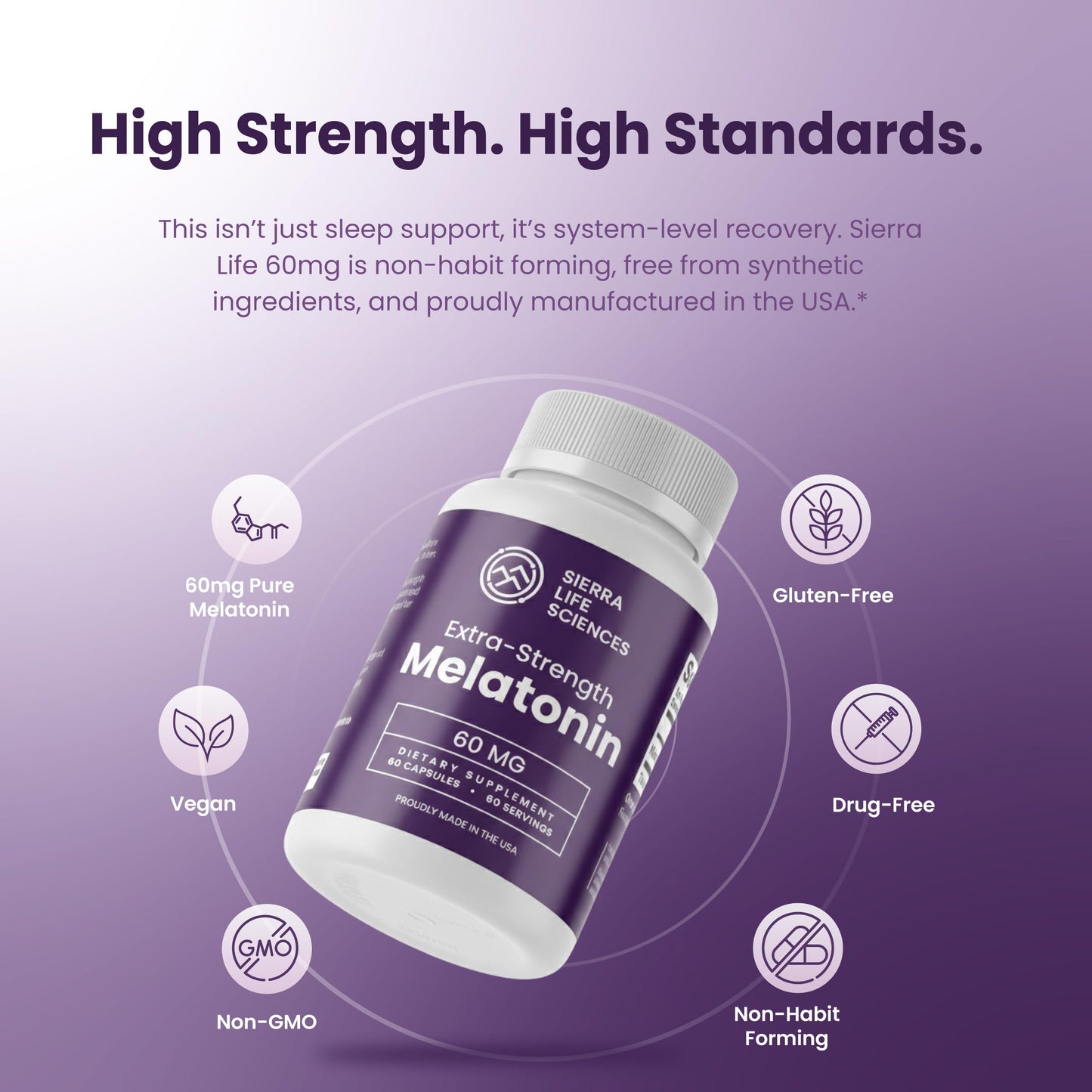 SIERRA LIFE SCIENCES Melatonin 60 mg Capsule, Extra Strength Sleep Support, Vegan Non-GMO, Made in USA, 120 Capsules