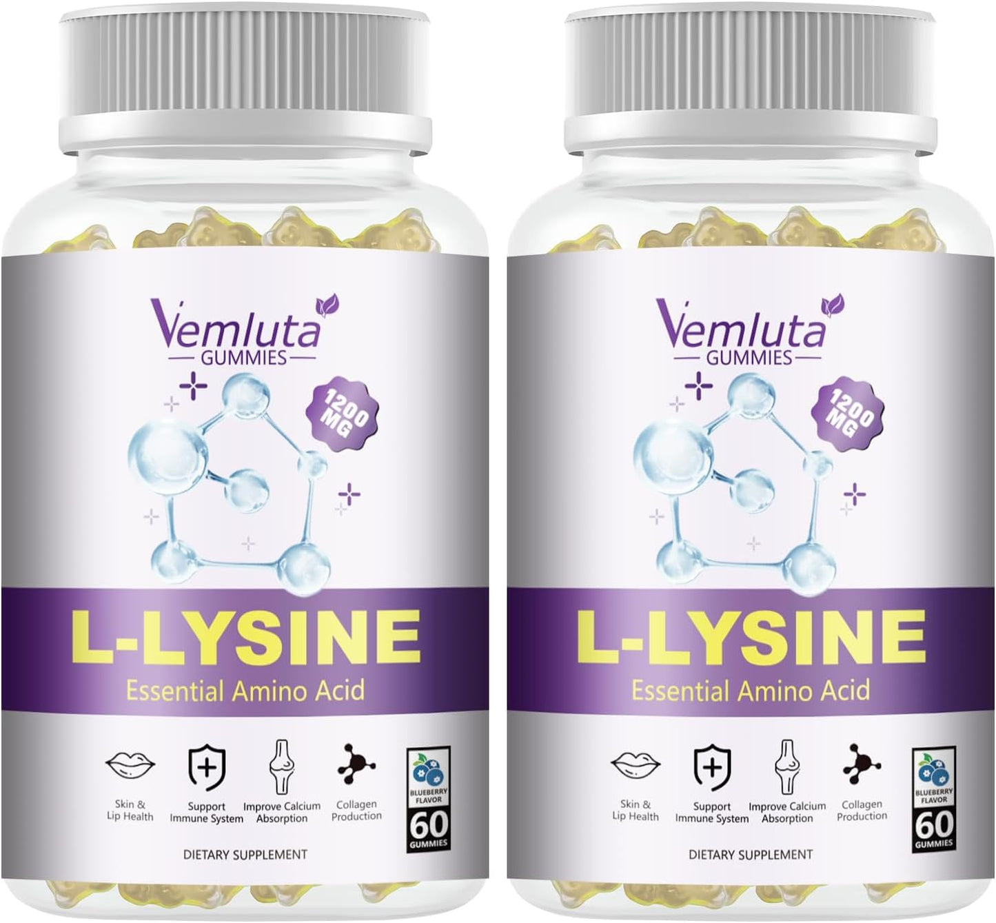 Vemluta L-Lysine Gummies 1200 mg for Immune Support & Collagen Boost, Chewable Lysine Supplement for Adults, Lip & Cold Sore Support, Blueberry, Non-GMO, Gluten Free, 120 Gummies