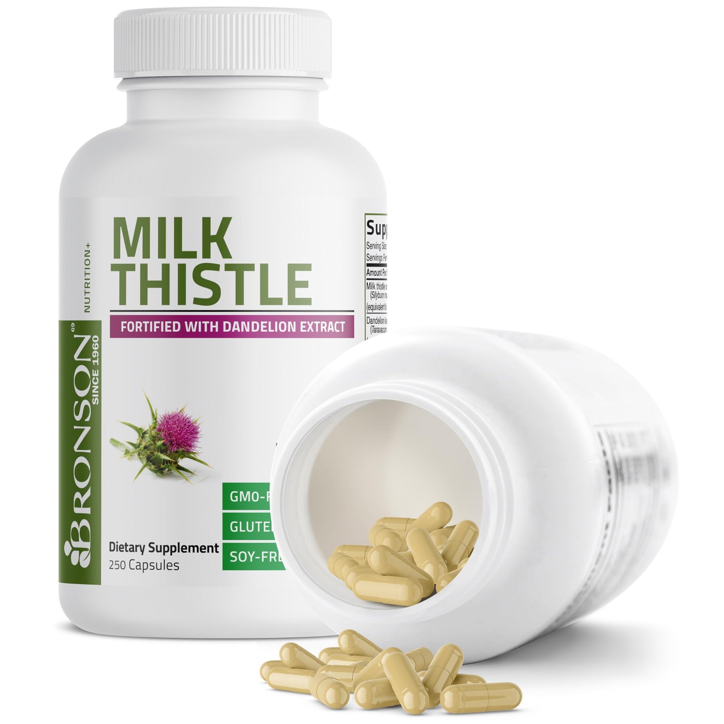 Bronson Milk Thistle Silymarin Marianum & Dandelion Extract Capsules, 250 Capsules