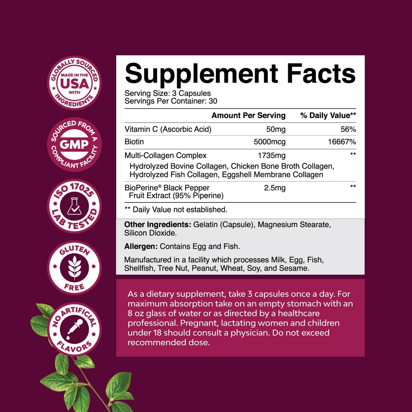Natures Craft Advanced Multi Collagen Complex Ageless Multi Collagen Peptides with Type 1 2 3 5 & X & Biotin for Hair, Skin and Nails Capsule 90 Count