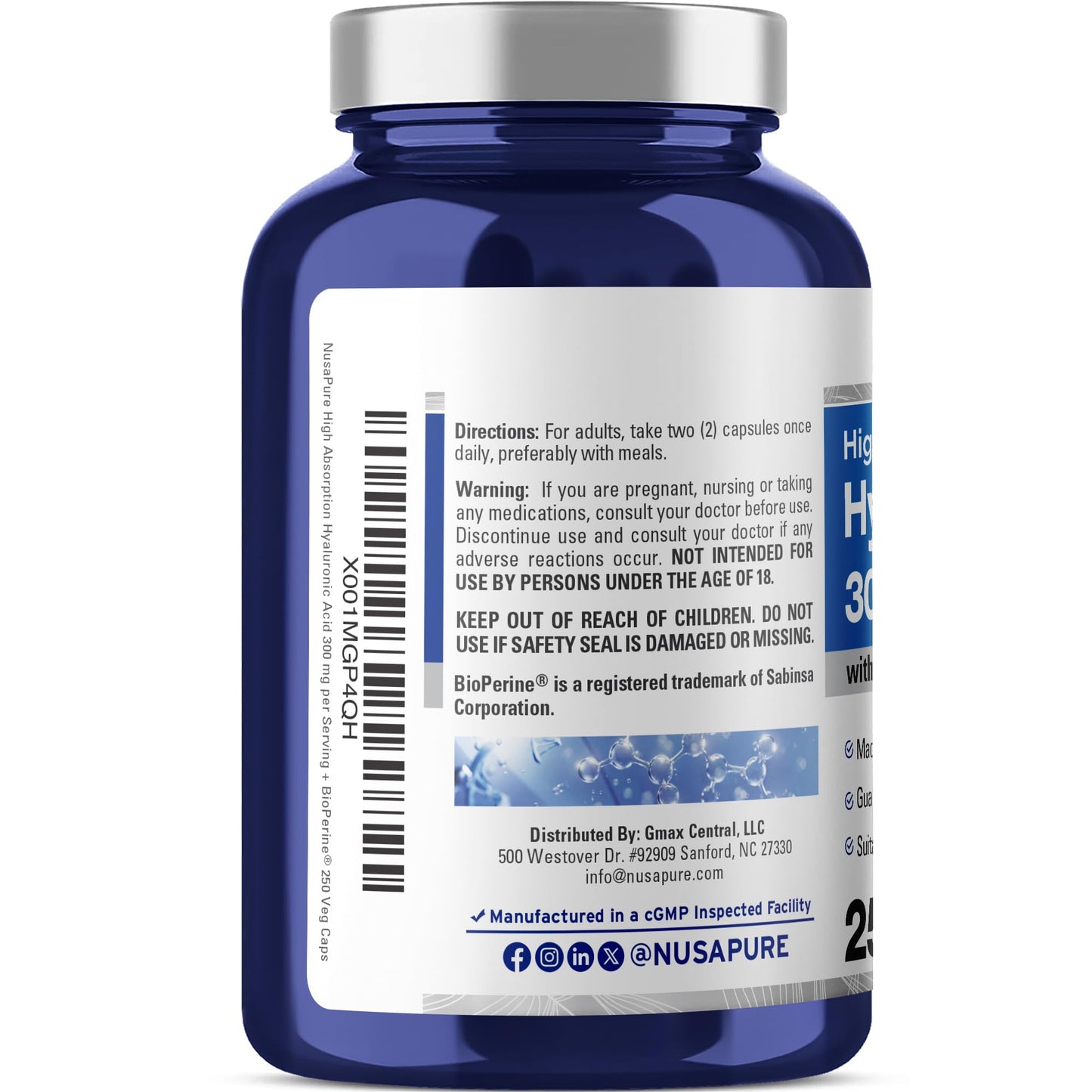 NusaPure Hyaluronic Acid 300mg Veggie Capsules, 250 Count