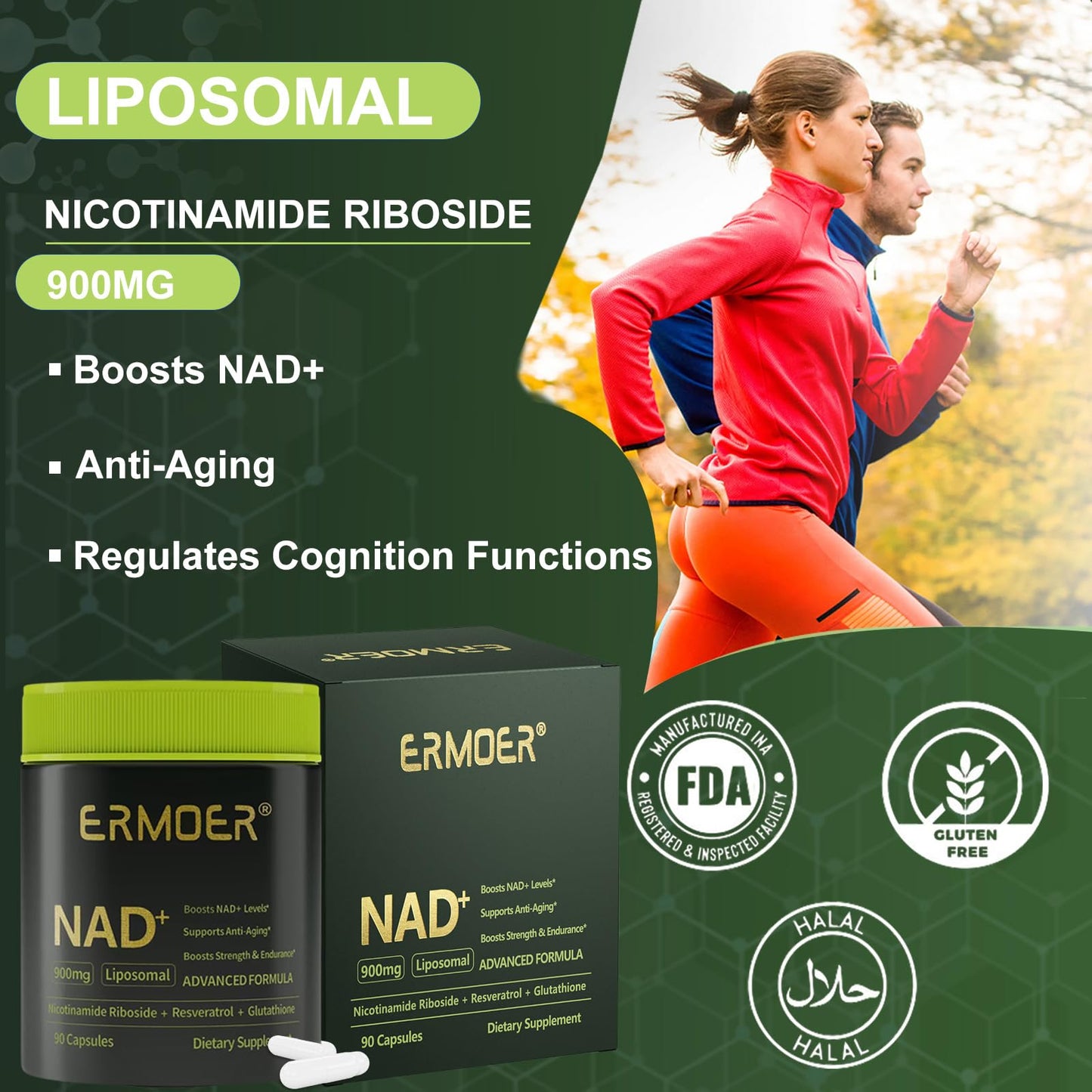 ERMOER NAD Liposomal Nicotinamide Riboside with Resveratrol & Quercetin 900mg Chewable, 90 Count