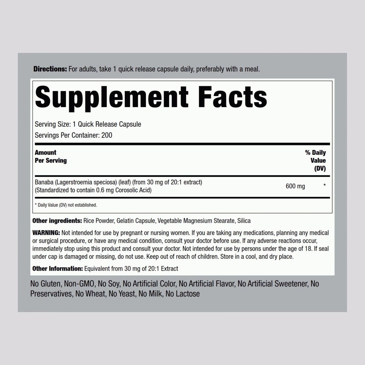Piping Rock Banaba Leaf Extract Capsules 200 Count