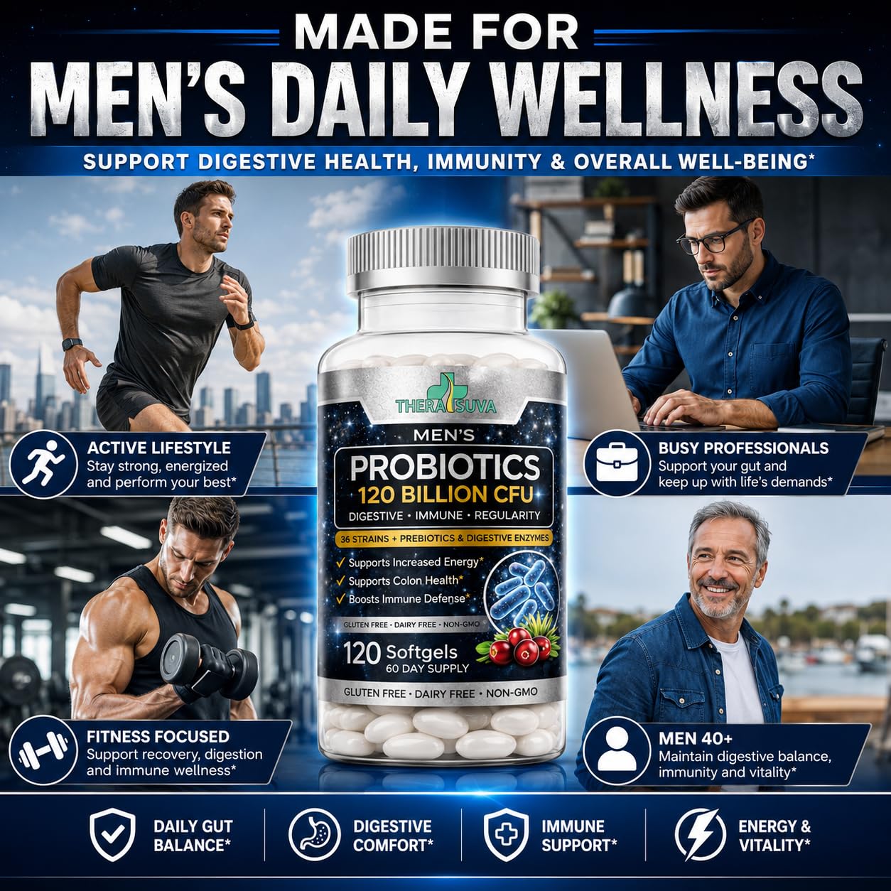 TheraSuva Men’s Advanced Probiotics 120 Billion CFU - 36 Strains + Prebiotics + Fruit & Veggie Blend for Gut, Immune & Colon Health - 2 Month Supply, 120 Softgels