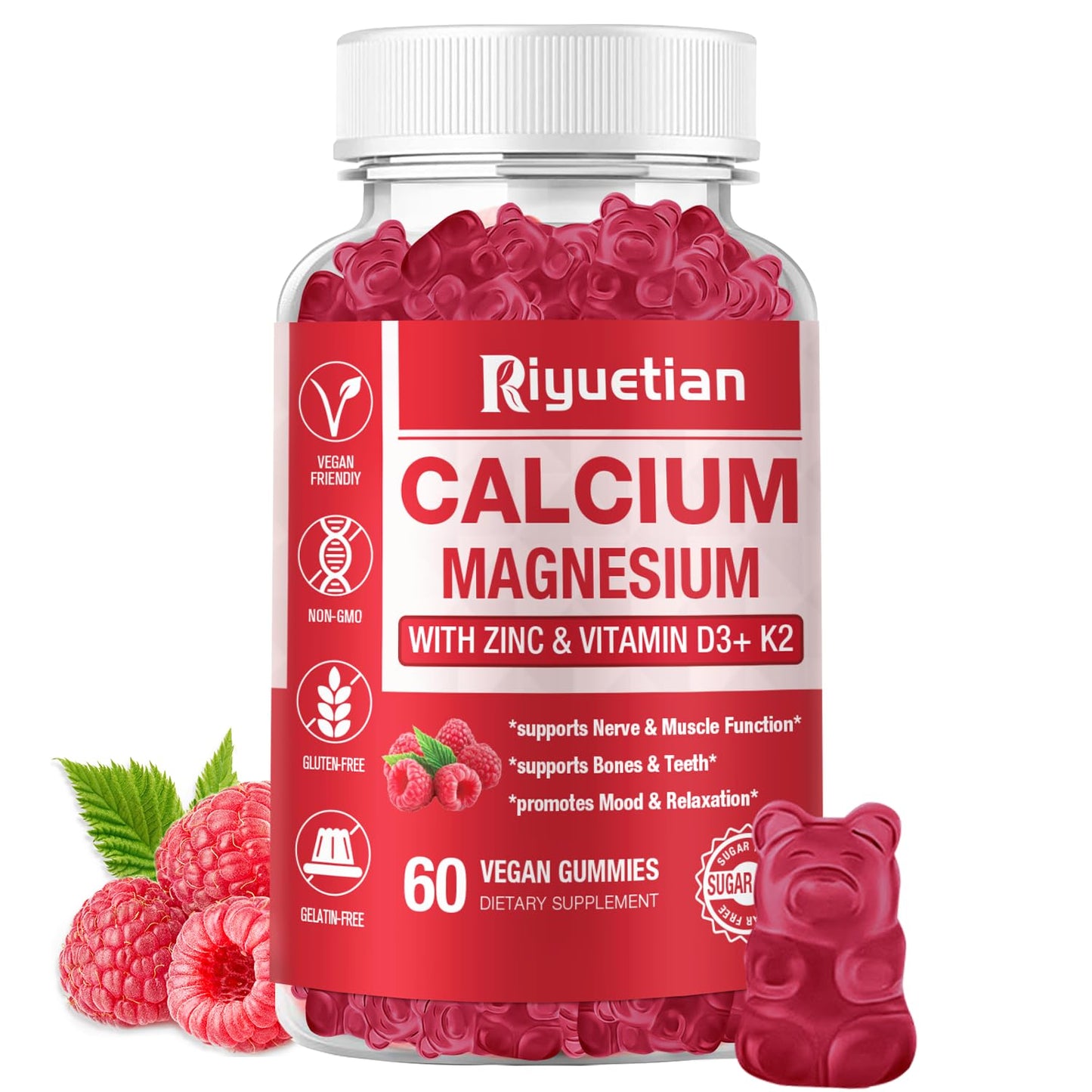 Riyuetian Calcium Gummies + Magnesium & Zinc with Vitamin D3 & K2, High Absorption Calcium Supplement for Bone, Teeth & Immune Support, Non GMO, Vegan, Gummy, 60 Count