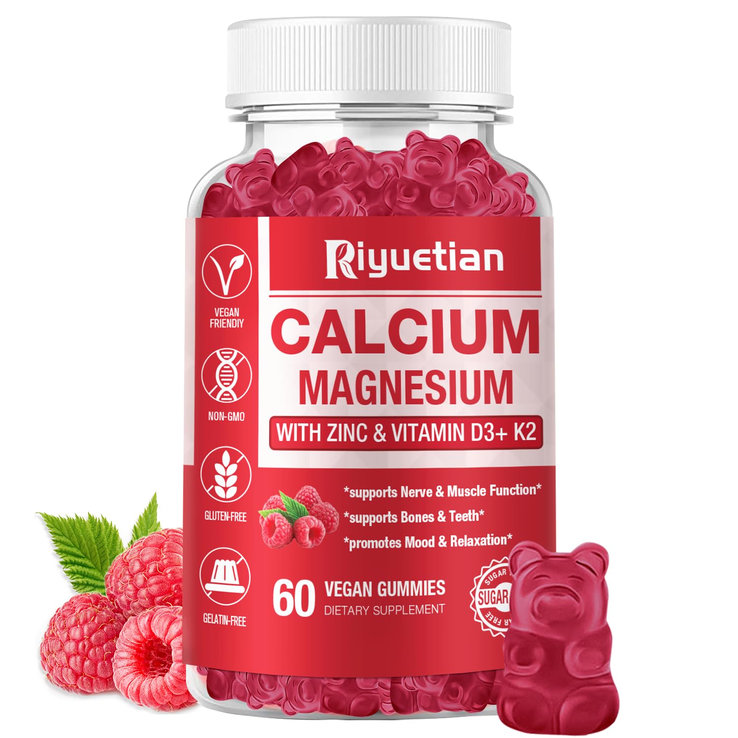 Riyuetian Calcium Gummies + Magnesium & Zinc with Vitamin D3 & K2, High Absorption Calcium Supplement for Bone, Teeth & Immune Support, Non GMO, Vegan, Gummy, 60 Count