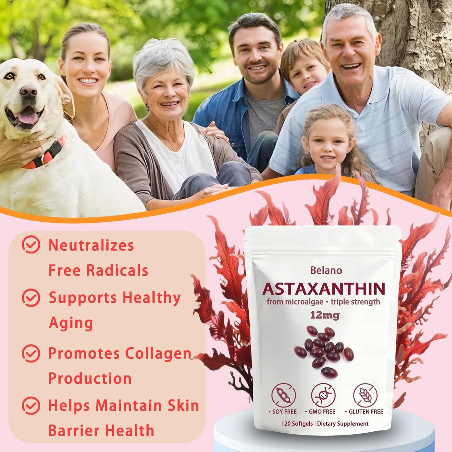 BELANO Valasta Astaxanthin 12mg Softgels, 120 Softgels