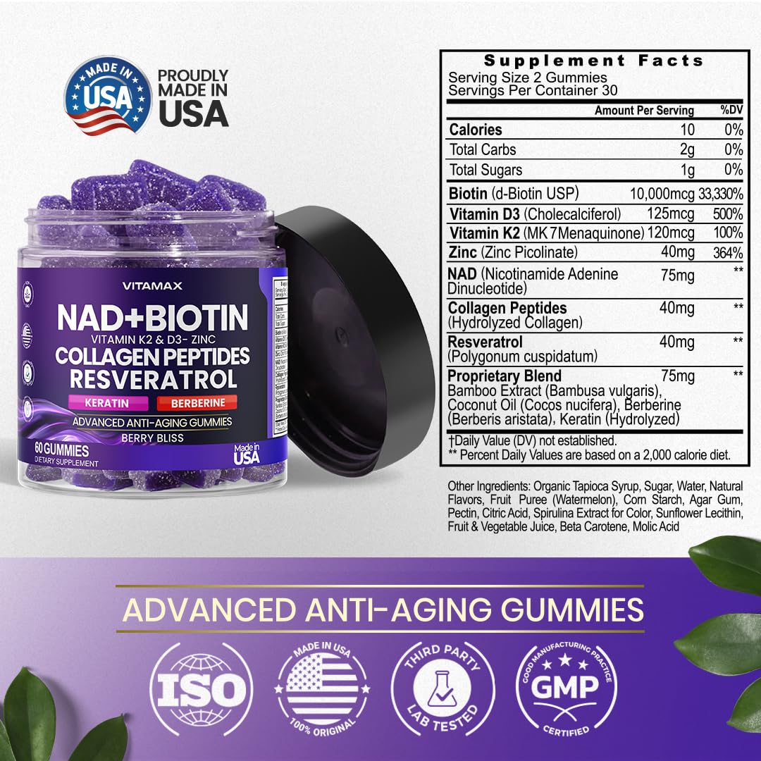 Vitamax NAD+, Resveratrol, Berberine, & Biotin Anti-Aging Gummy - Hair, Skin, Nails & Joint Supplement - Collagen Peptides, Keratin, Zinc, Vitamin K2 & D3 Gummies - Regeneration - Non-GMO - Made in USA - 60 Count