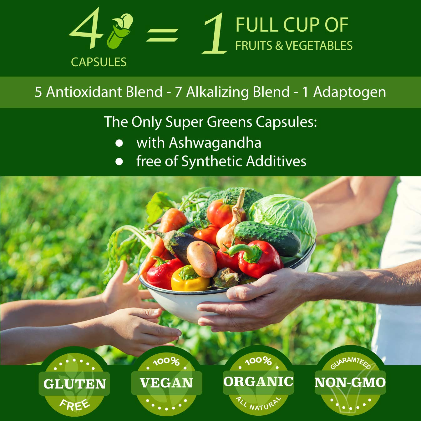 FOLONA Organic Vegan Super Greens Capsules with Ashwagandha - Immune Support with All Natural Whole Food Nutrients, 120 Capsules