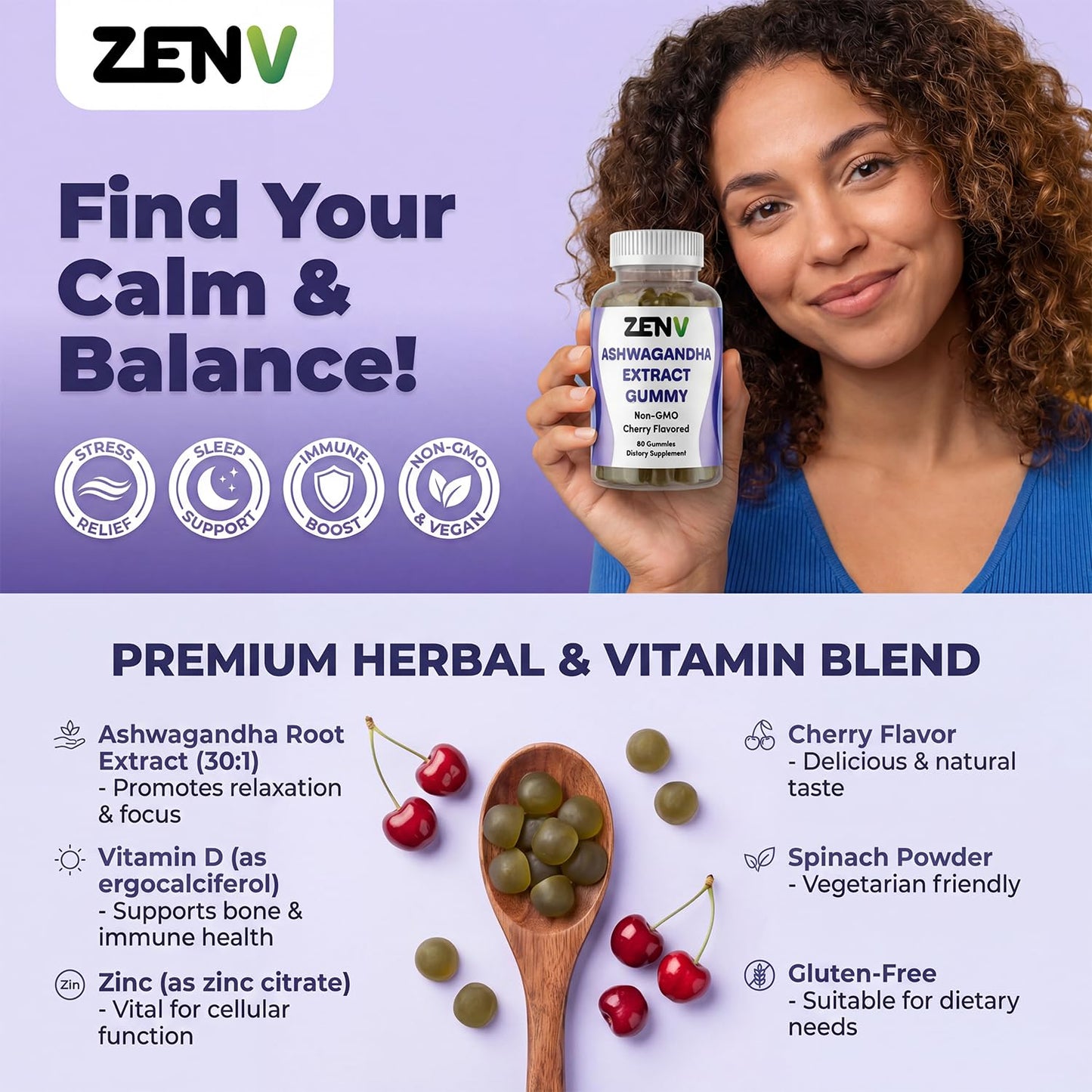 ZENV Ashwagandha Gummies with DHA & Vitamin D 60 Count