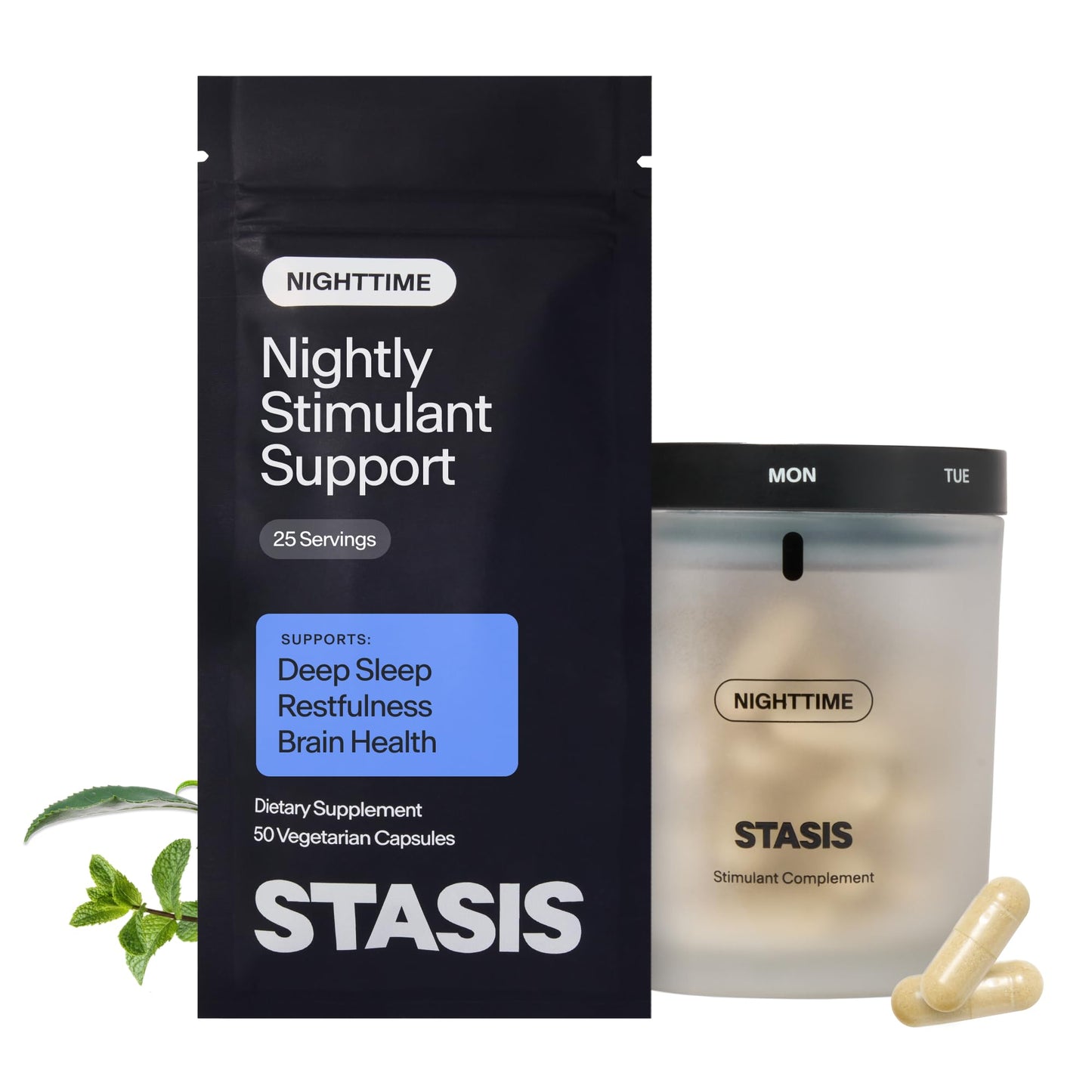 STASIS Nighttime Supplement Complete Kit with Magnesium, Melatonin, Zinc & Botanical Extracts, Evening Routine Support Capsules for Bedtime Use, Non-GMO, Vegan, 50 Capsules