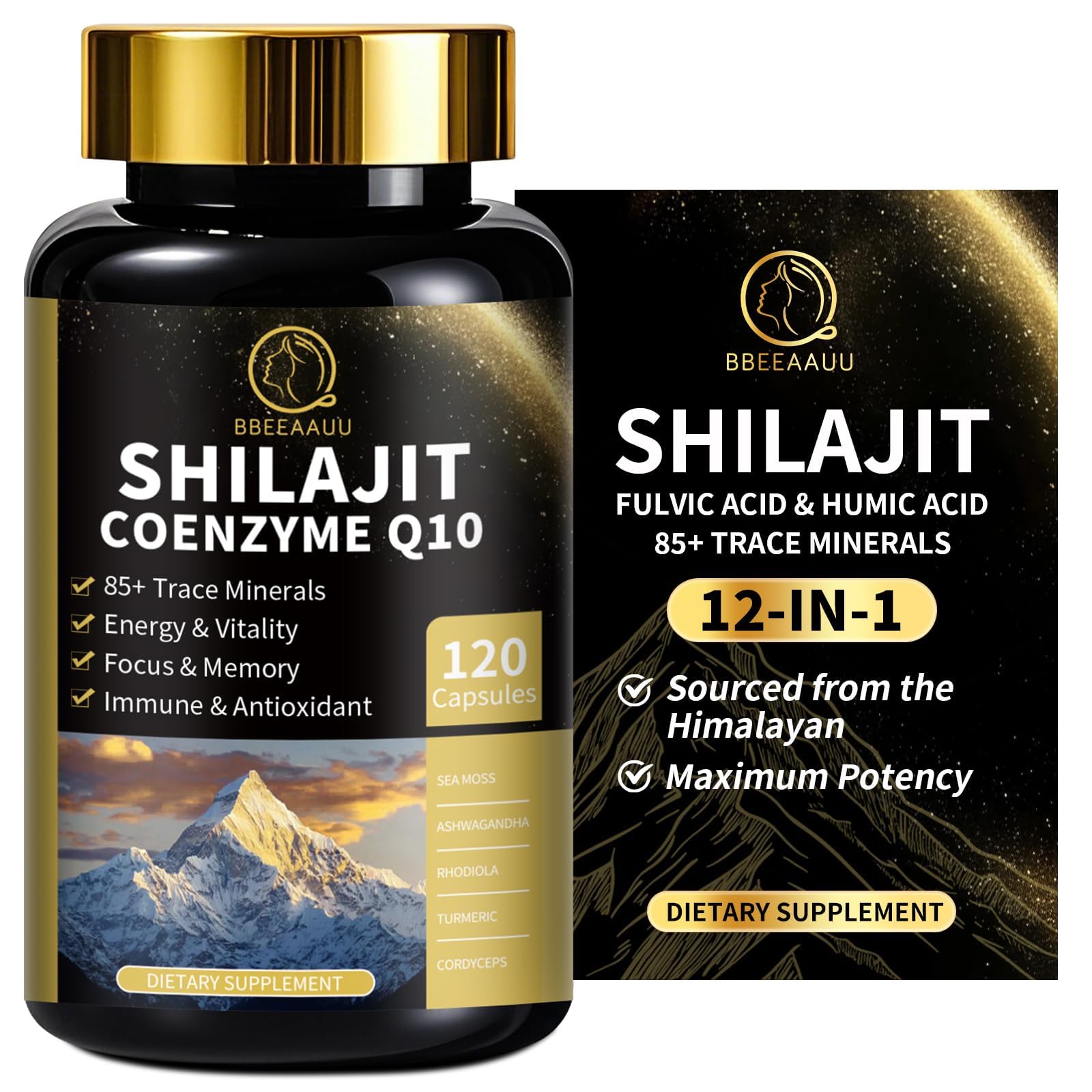 BBEEAAUU Shilajit for Men with Sea Moss & Ashwagandha, 12 in 1 Himalayan Shilajit Supplements Capsules, 120 Capsules