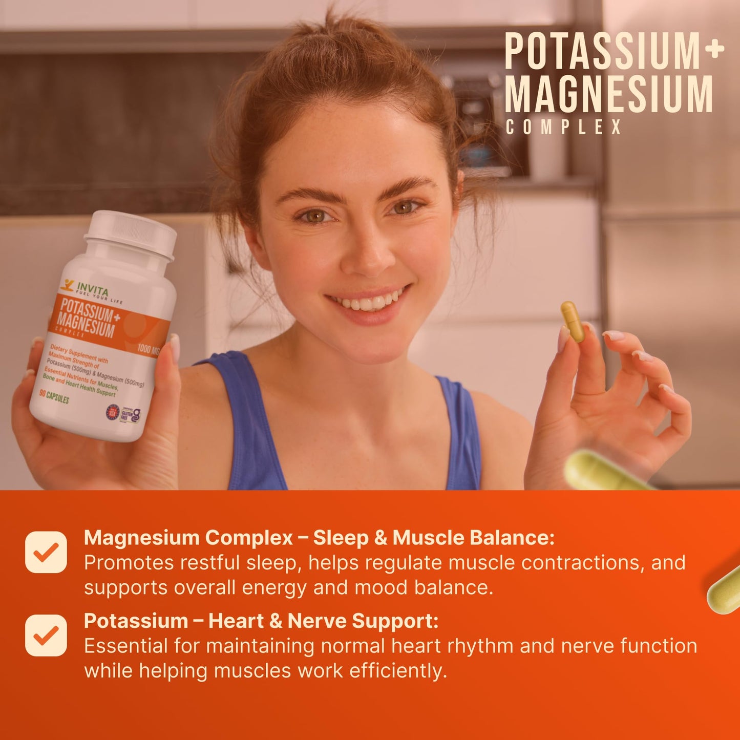 INVITA Potassium Magnesium Complex 1000 mg High Absorption Magnesium & Potassium Supplement for Leg & Muscle Recovery, 5 Form of Mag for Sleep & Vascular Support, 180 Capsules