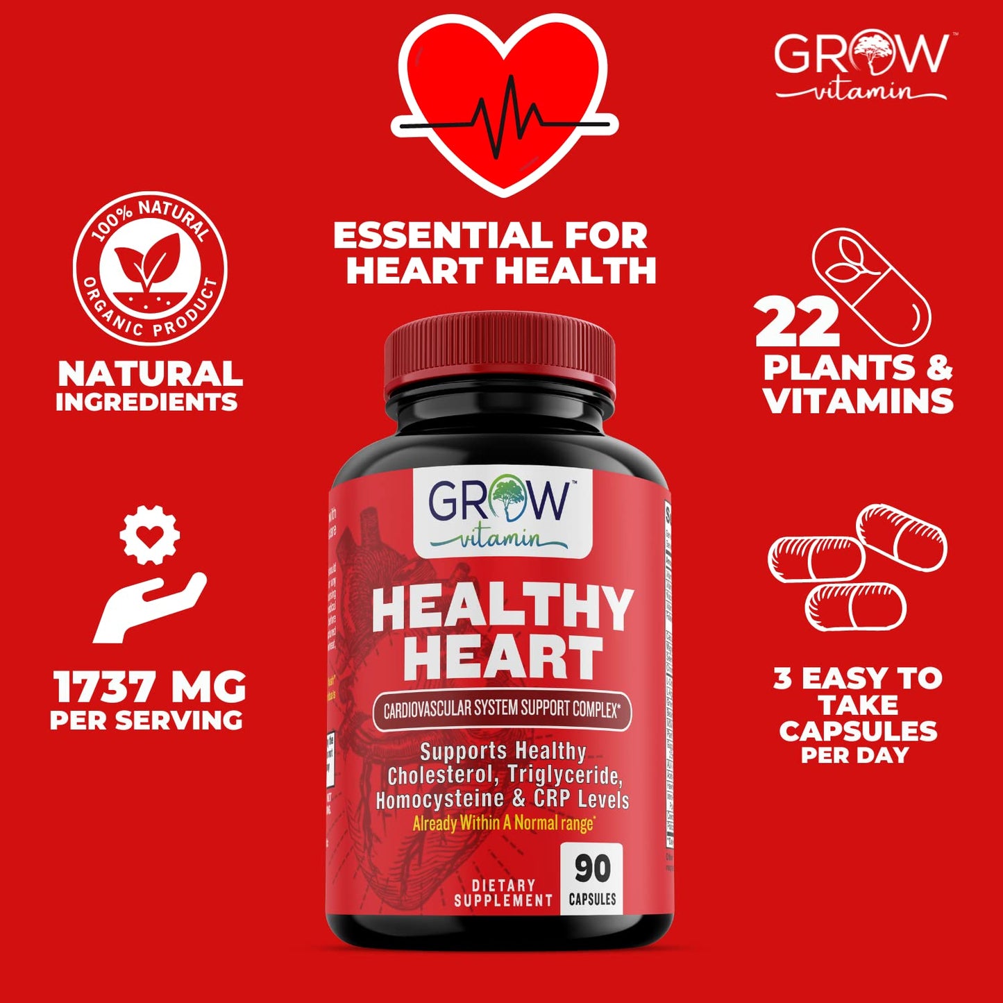 Grow Vitamin Heart Support Supplement 90 Capsules