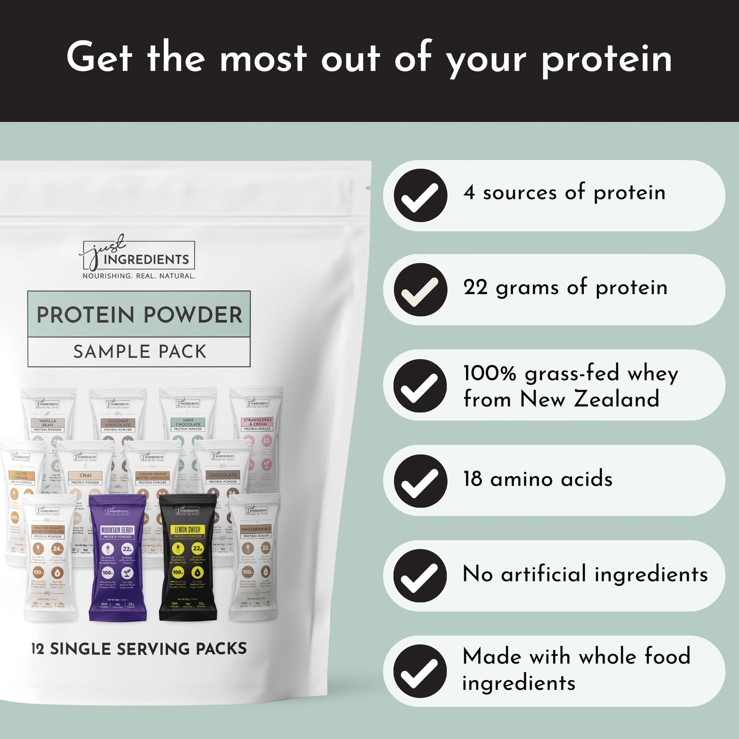 JUST INGREDIENTS Grass-Fed Whey Protein Powder, Four-Source Organic Whole Food Blend, 12 Servings, 22g Protein