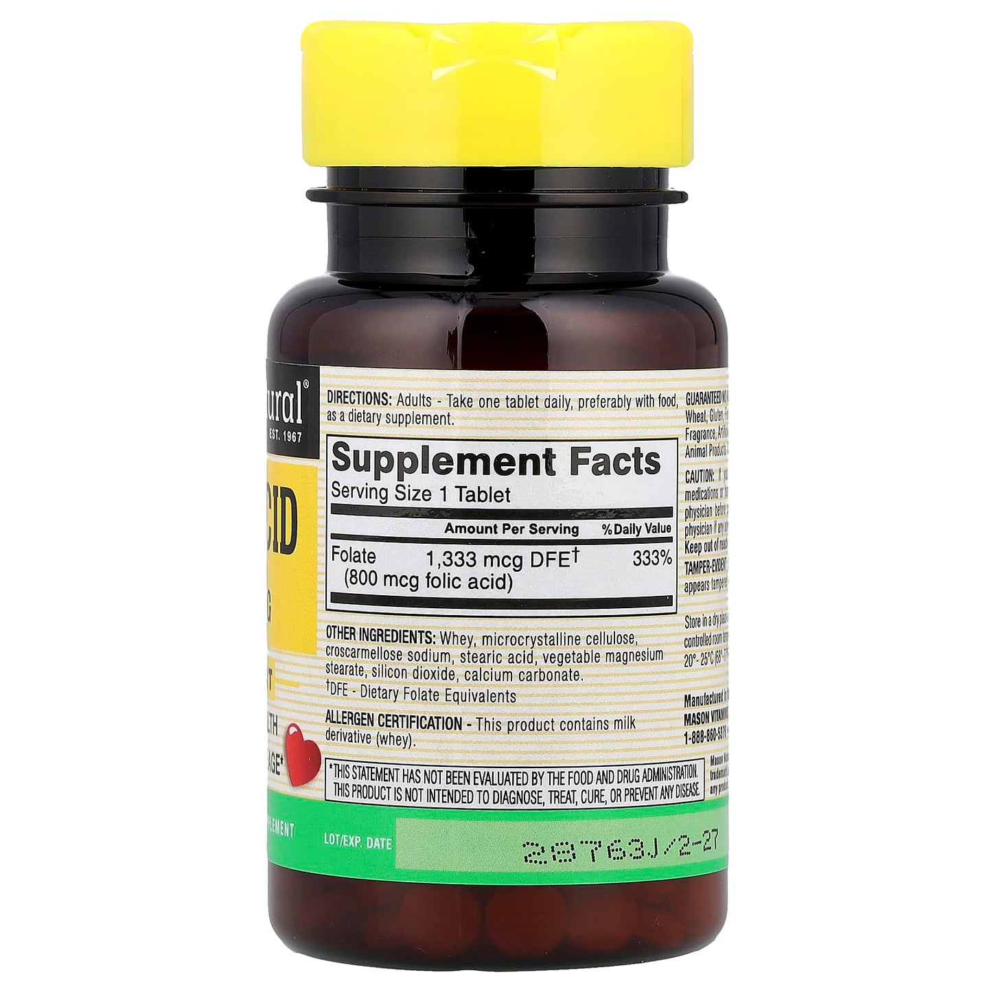 Mason Natural Folic Acid Tablet 0.8 mg, 100 Count