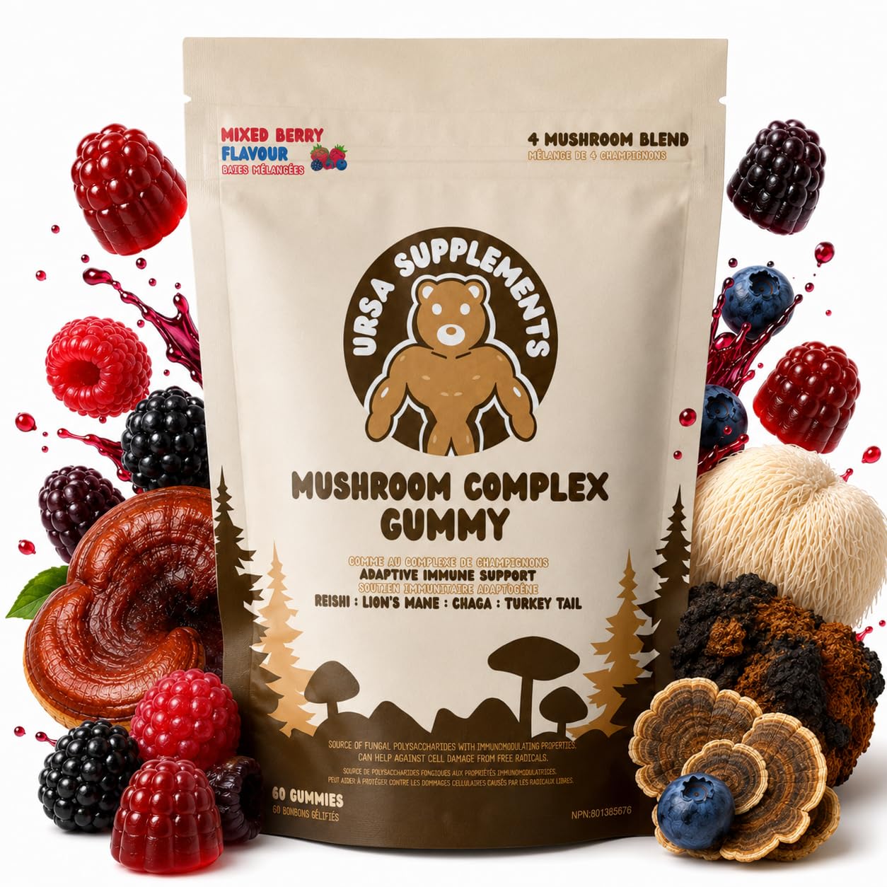 URSA Supplements Mushroom Gummies 1300mg Functional Mushroom Blend with Lion’s Mane, Reishi, Chaga & Turkey Tail – Focus, Energy & Immune Support – Vegan, Gluten-Free, 60 Gummies