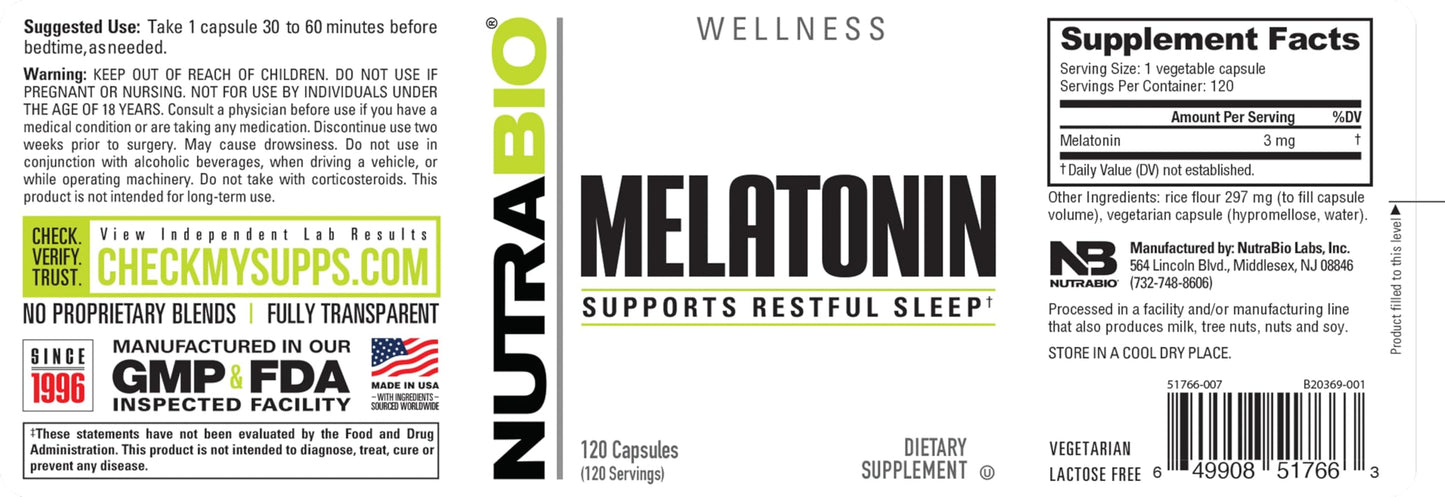 NutraBio Melatonin Sleep Aid 3mg Capsule, 120 Capsules