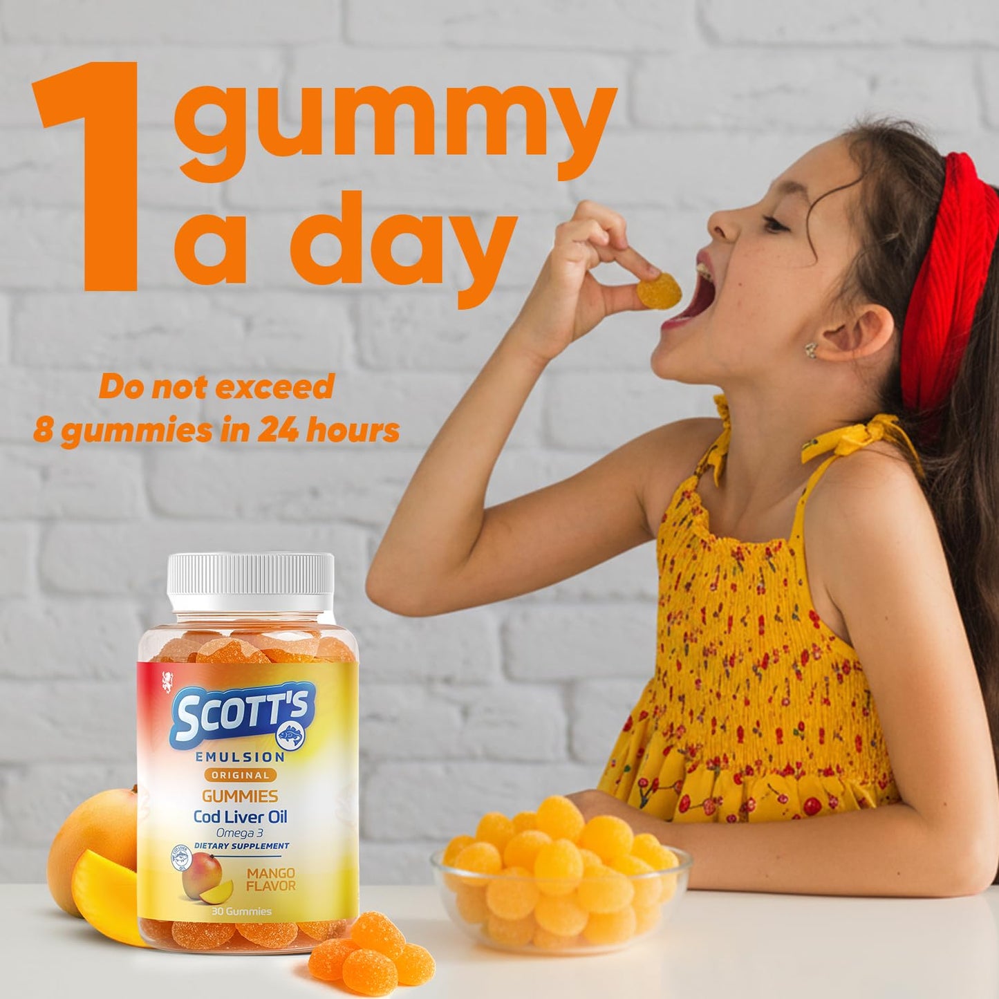 SCOTT'S EMULSION Omega-3 Gummies for Kids Mango Flavor, Fish Oil + Iron, Immune Support & Brain Health, 30 Gummies