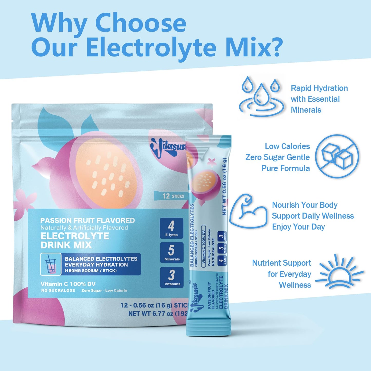 VITASUNIC Electrolyte Powder Packets, 12 Sticks, Passion Fruit, Sugar Free